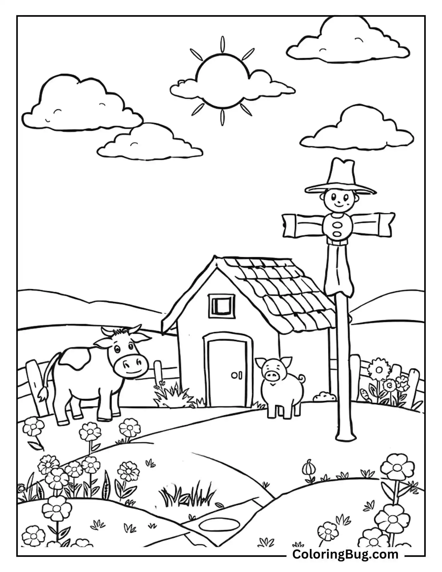 Tall Scarecrow in Peaceful Farm Coloring Sheet