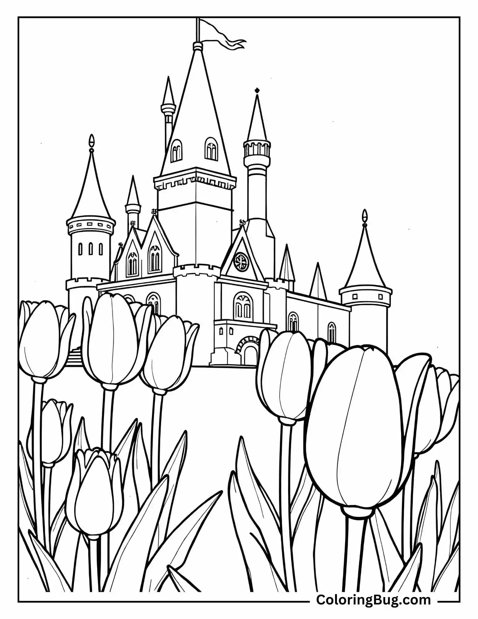 Tulips Blooming in Front of Castle Coloring Sheet