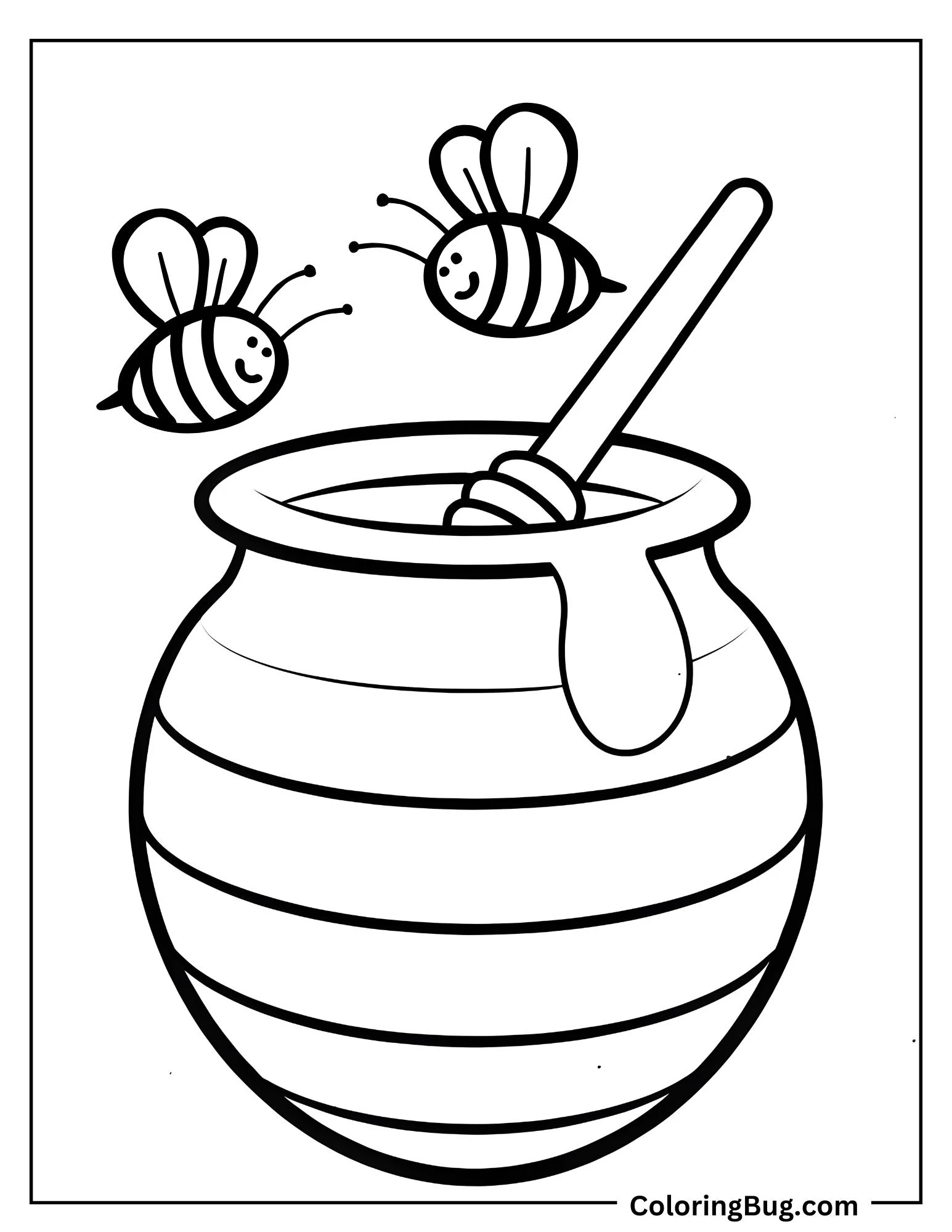 Two Bees Flying Around Honey Pot Coloring Sheet