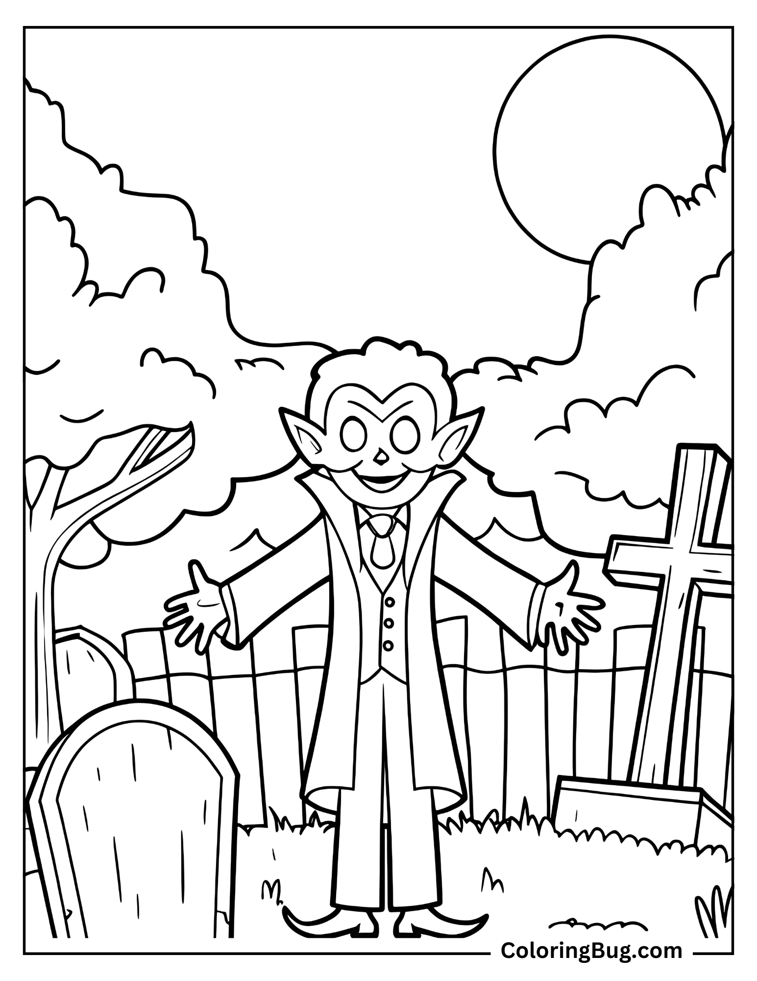 Undead Scary Looking Vampire In Graveyard coloring Sheet