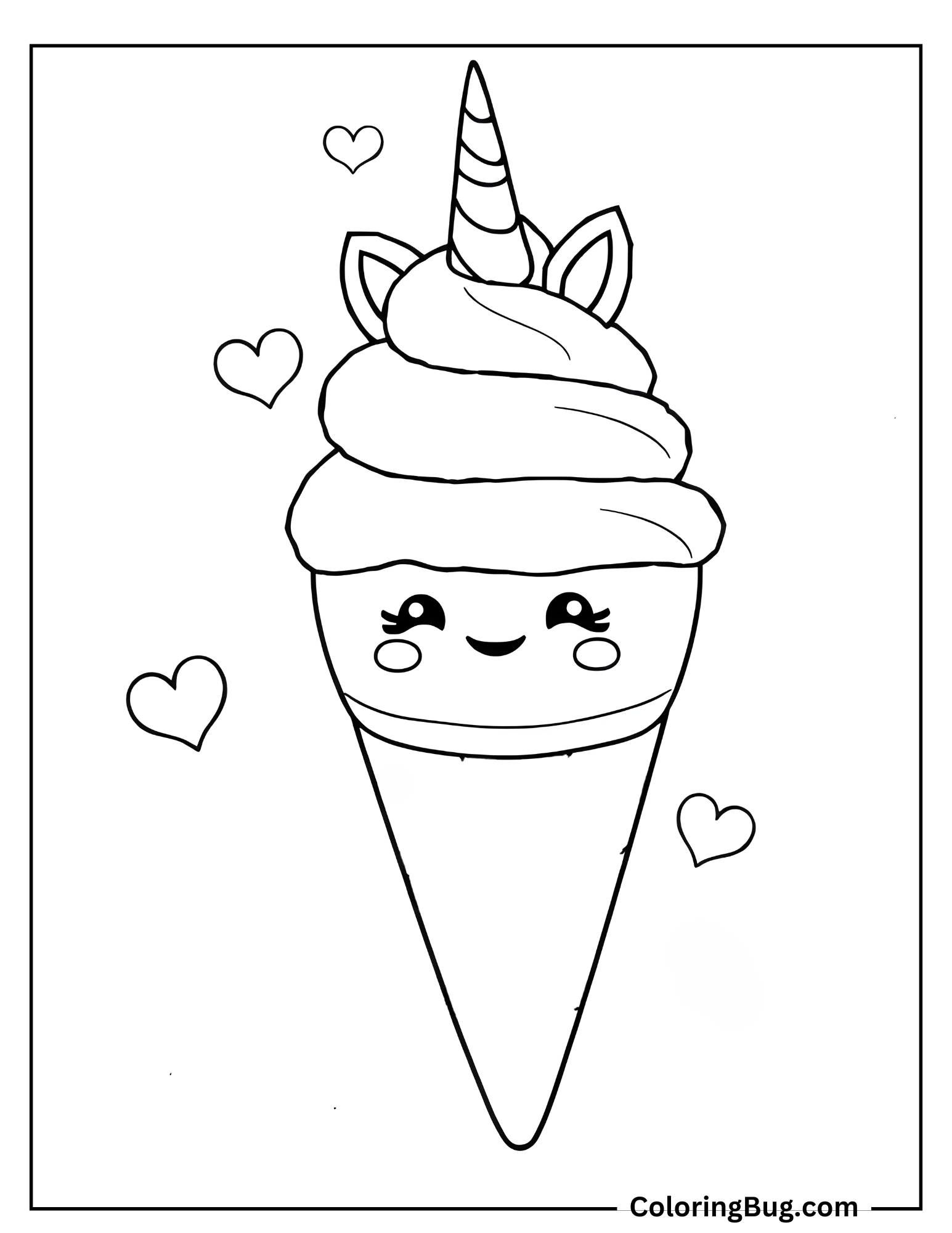 Unicorn Kawaii Themed Ice Cream Coloring Sheet