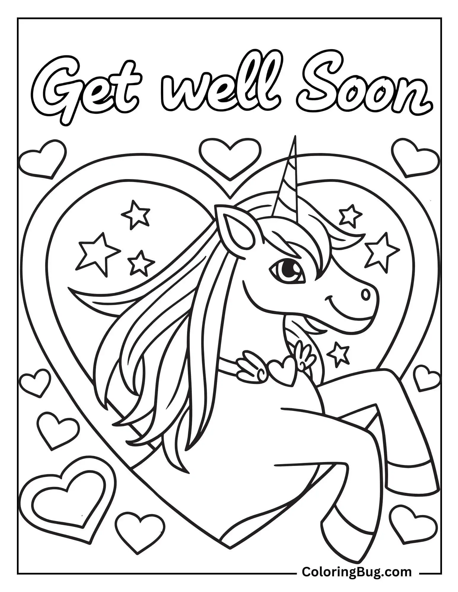 Unicorn With Get Well Soon Text Coloring Sheet
