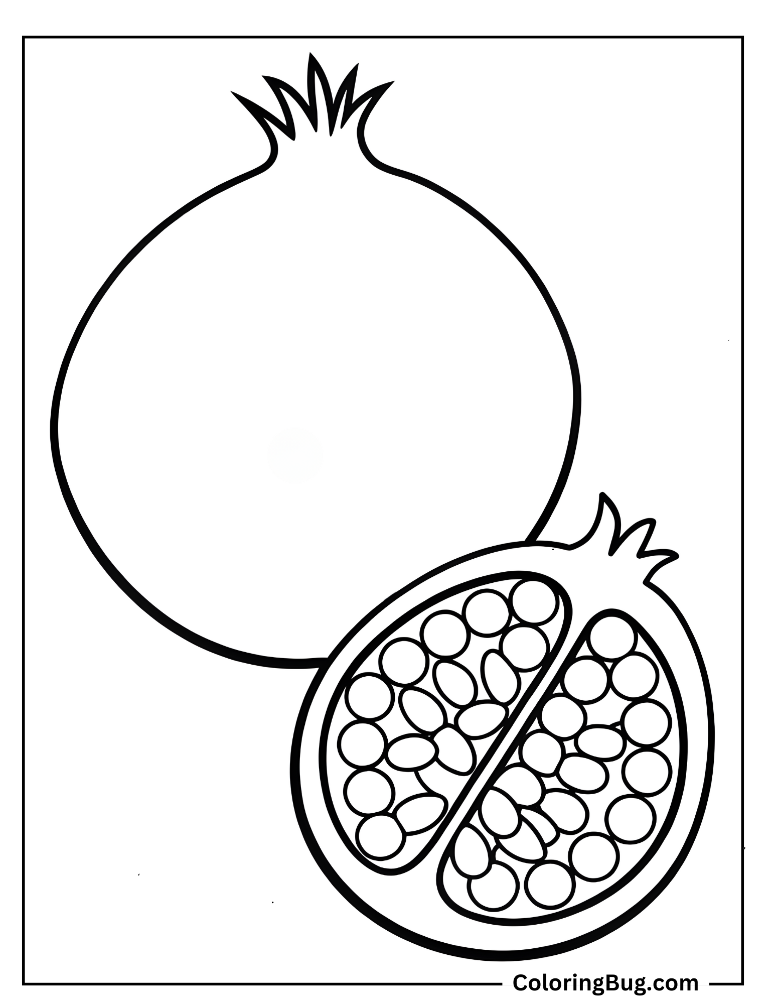 Whole Pomegranate And Section Showing Seeds Coloring Sheet