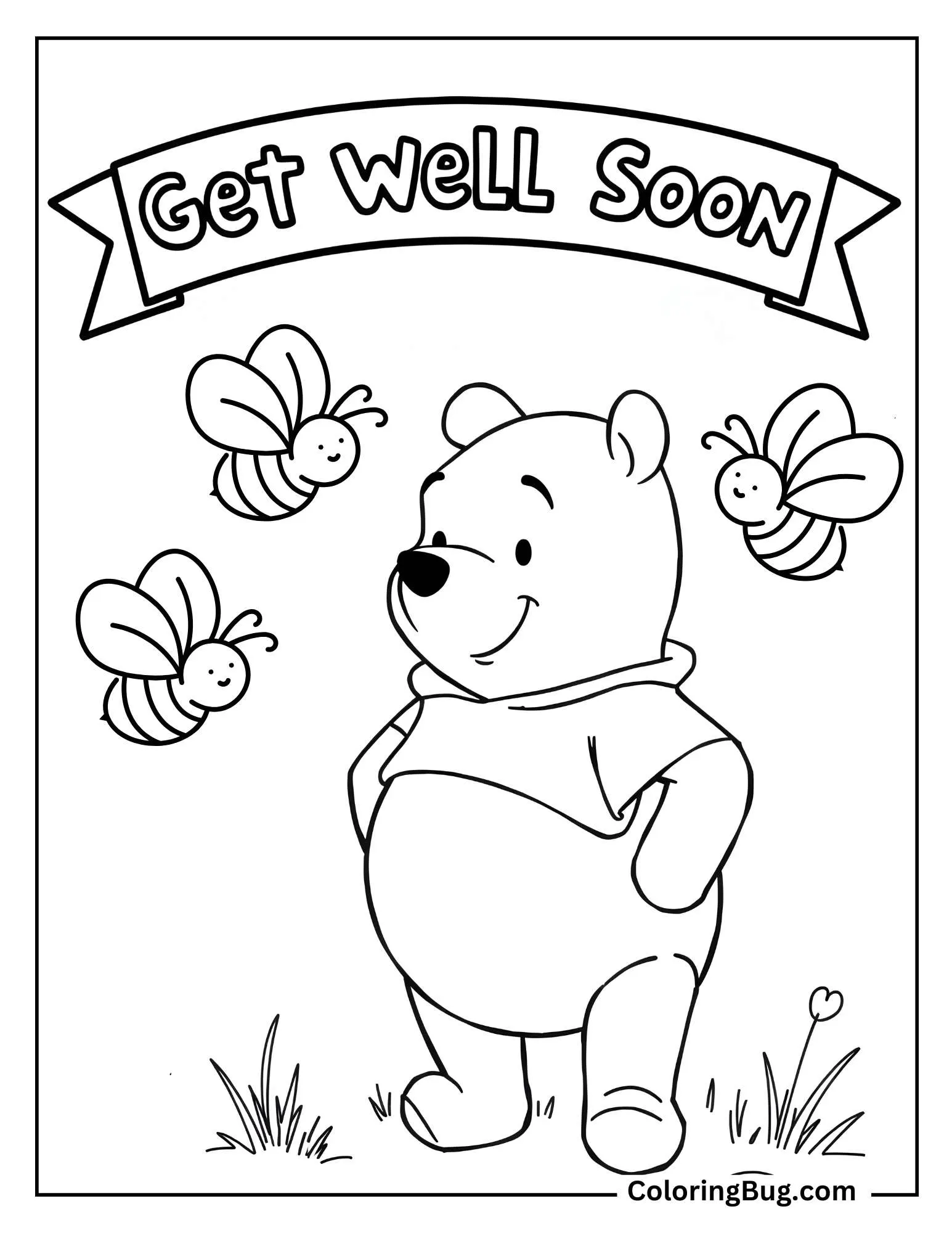 Winnie The Pooh With Get Well Soon Text Coloring Sheet