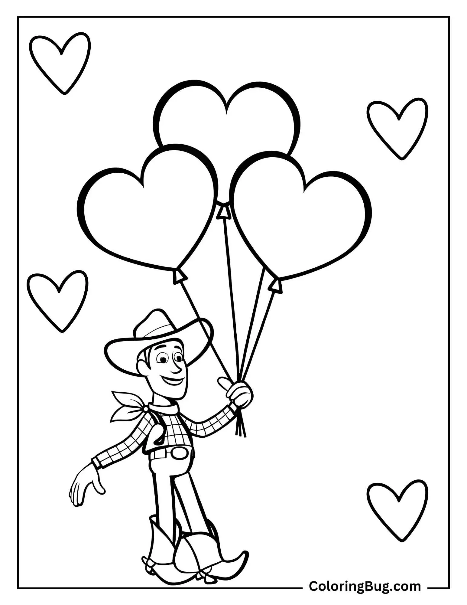 Woody Holding Heart-Shaped Balloons Coloring Sheet