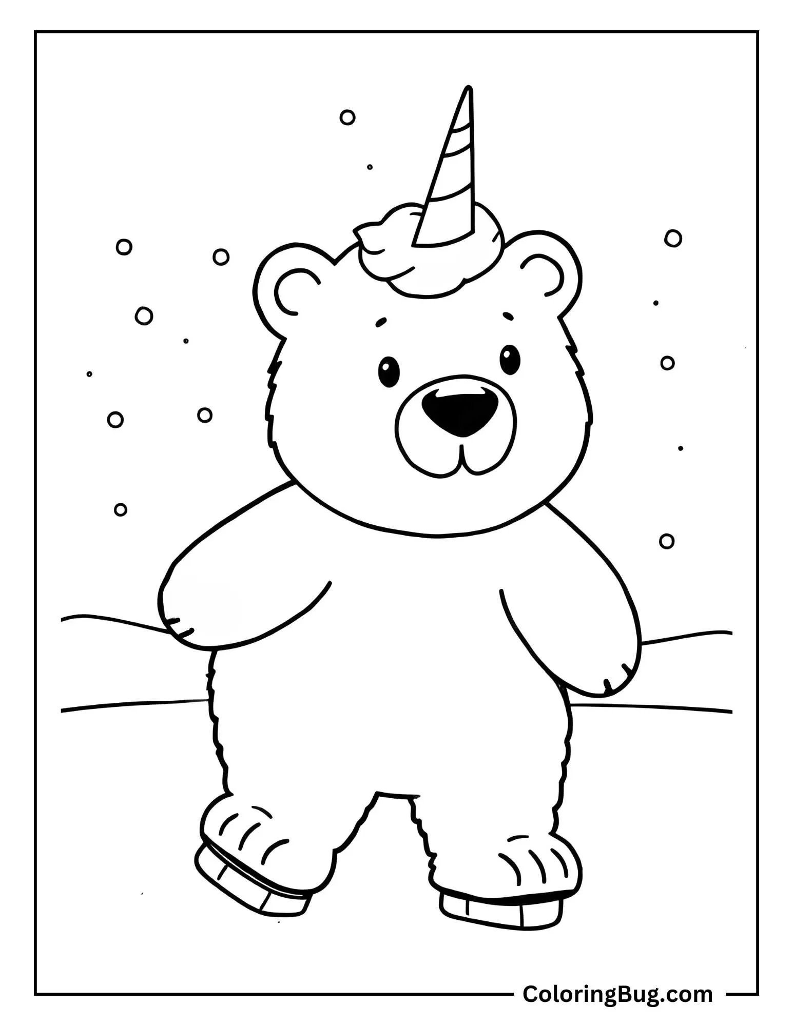 Baby Unicorn Bear Skating On Ice Coloring Sheet