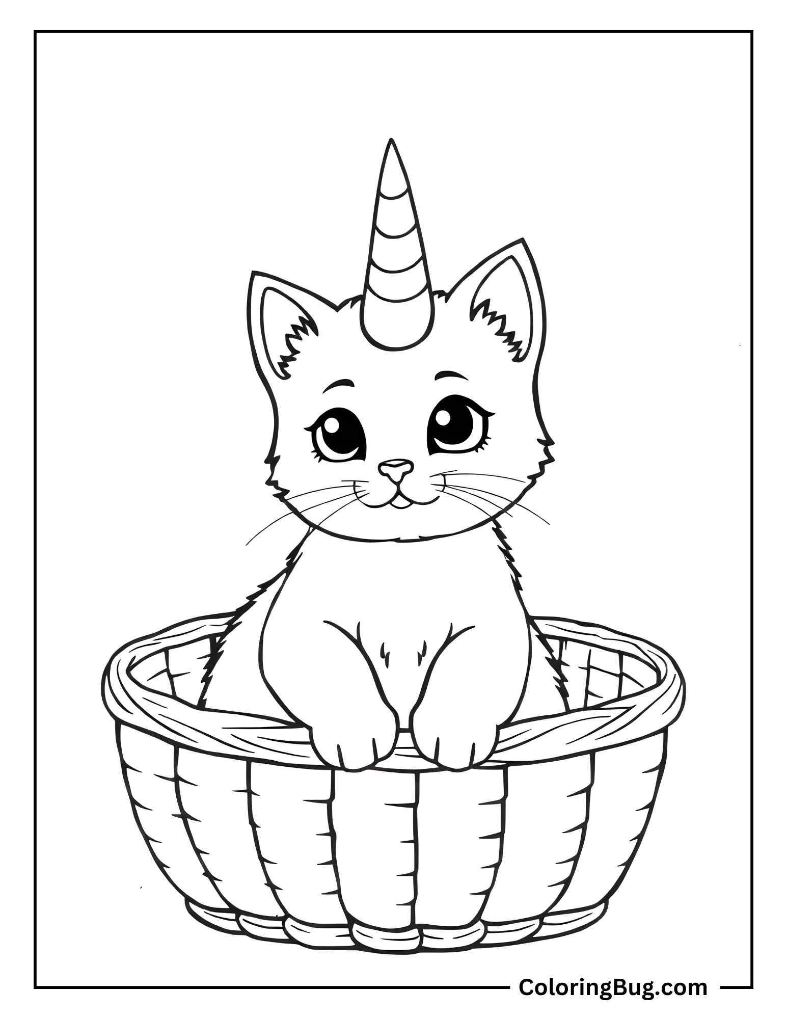 Baby Unicorn Cat Sitting In Basket Coloring Sheet