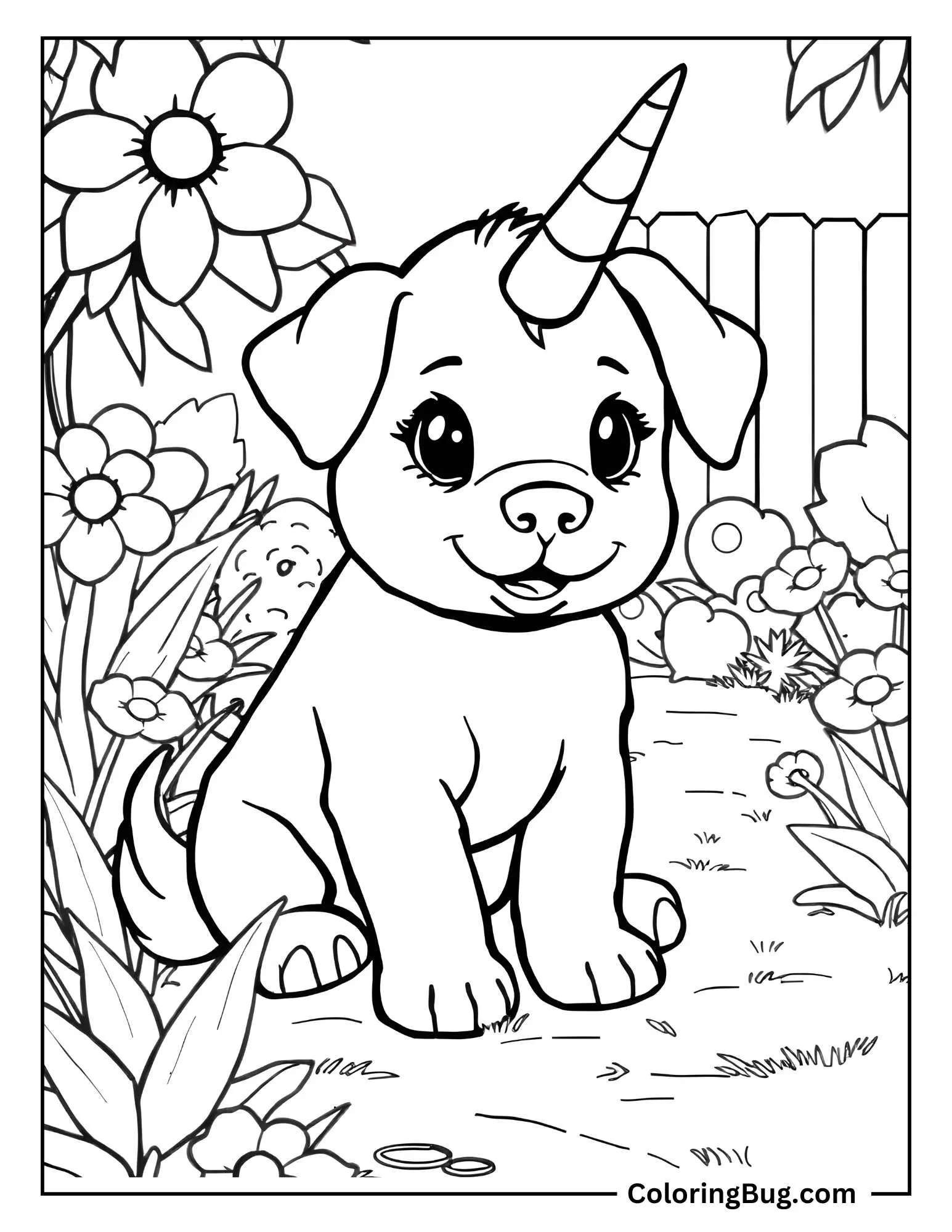 Baby Unicorn Dog Playing In Garden Coloring Sheet