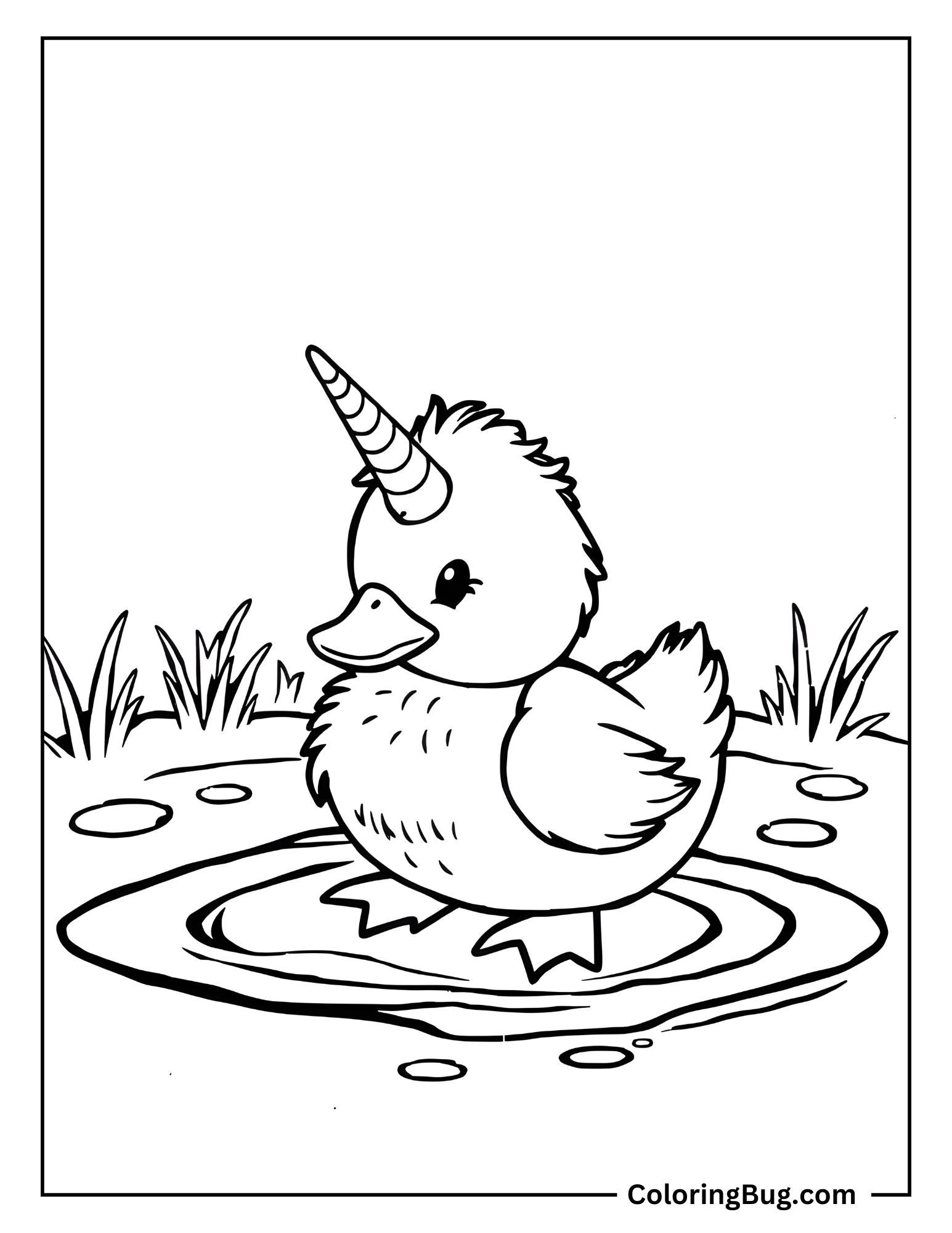 Baby Unicorn Duckling Playing In a Puddle Coloring Sheet