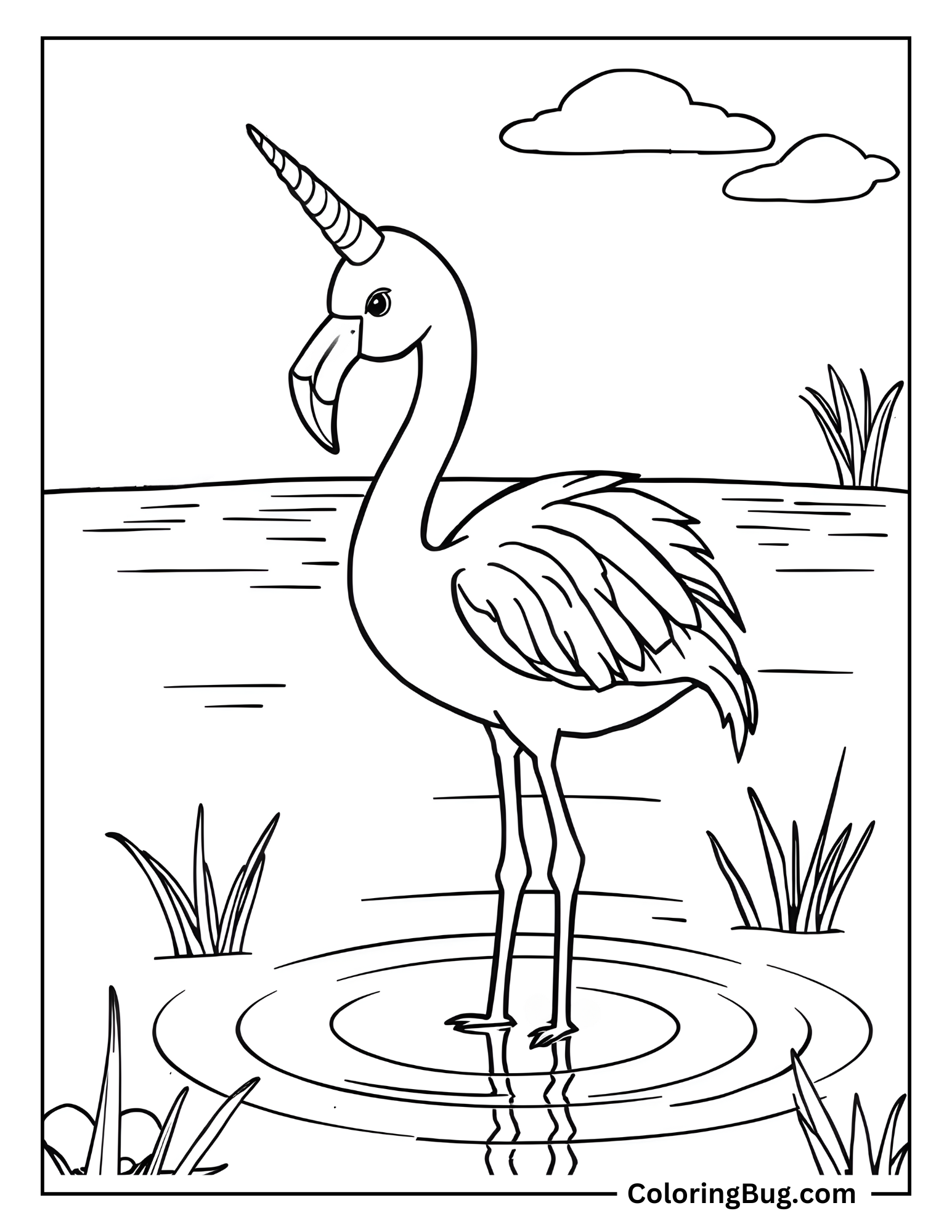 Baby Unicorn Flamingo Standing On One Leg Coloring Sheet