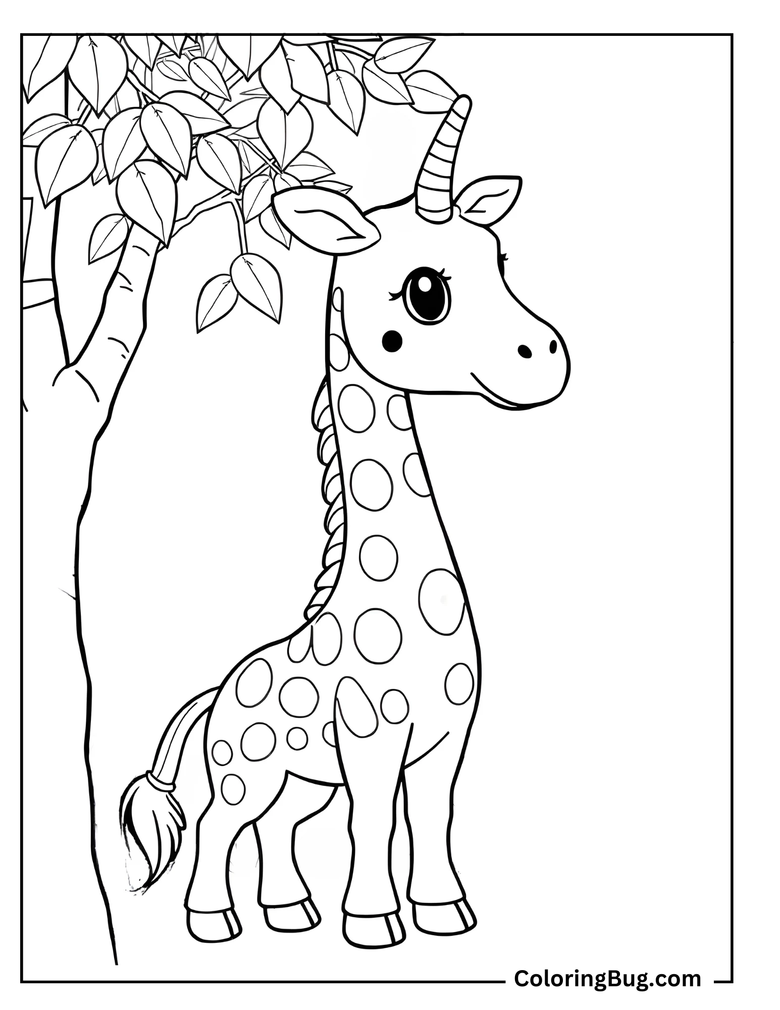 Baby Unicorn Giraffe Reaching For Leaves On Tree Coloring Sheet