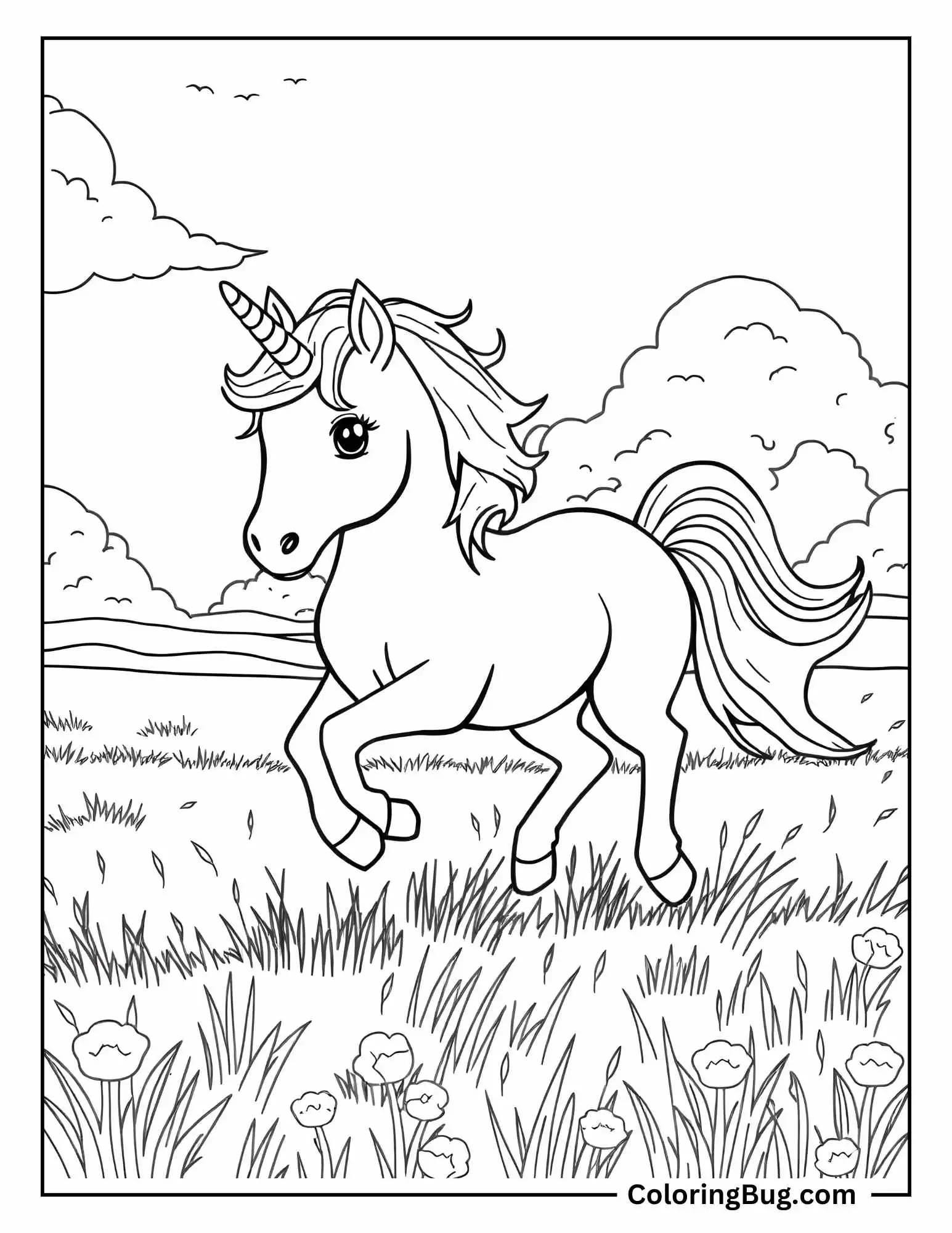 Baby Unicorn Horse Galloping Through a Field Coloring Sheet