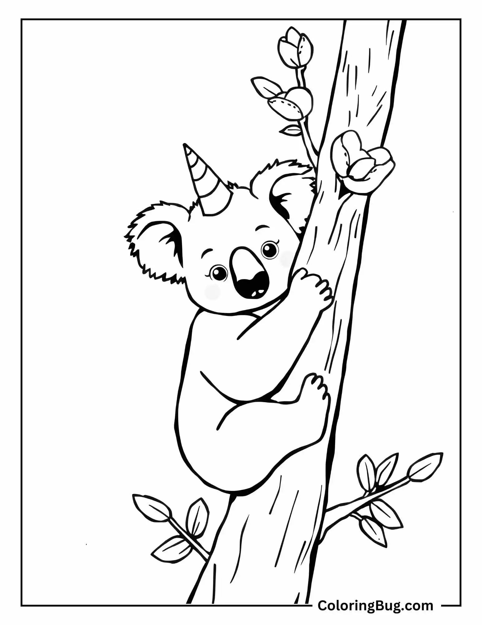 Baby Unicorn Koala Hugging Tree Coloring Sheet