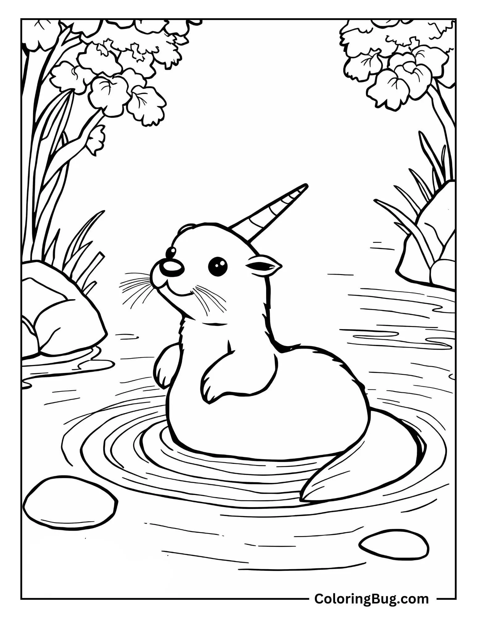 Baby Unicorn Llama Peeking Over a Fence Coloring Sheet