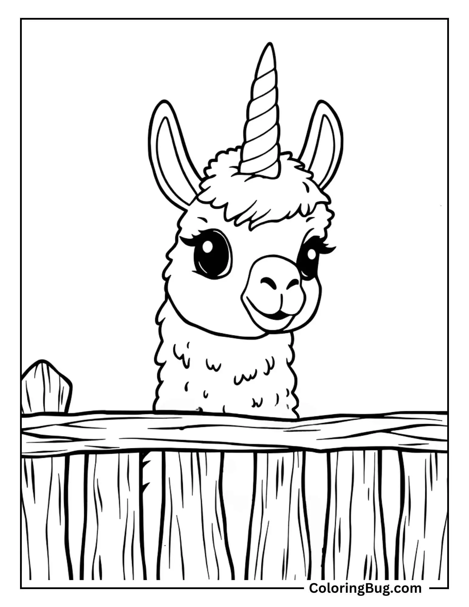 Baby Unicorn Llama Peeking Over a Fence Coloring Sheet