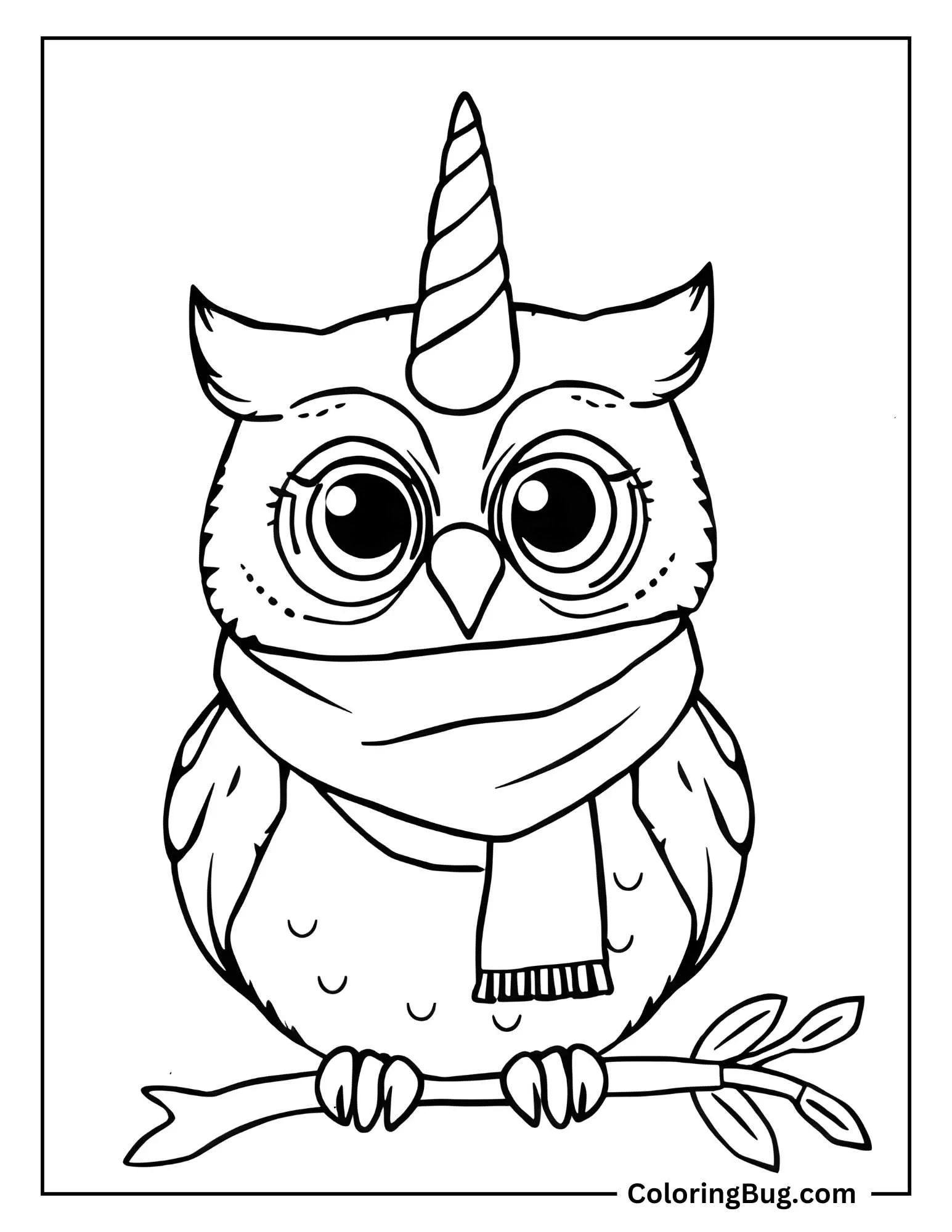 Baby Unicorn Owl Wearing a Tiny Scarf Coloring Sheet