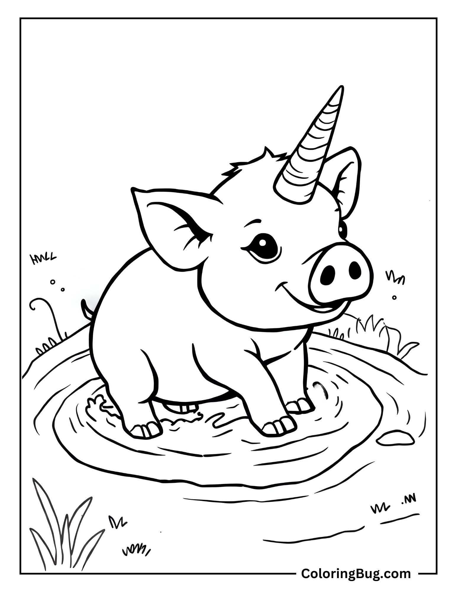 Baby Unicorn Pig Rolling In The Mud Coloring Sheet