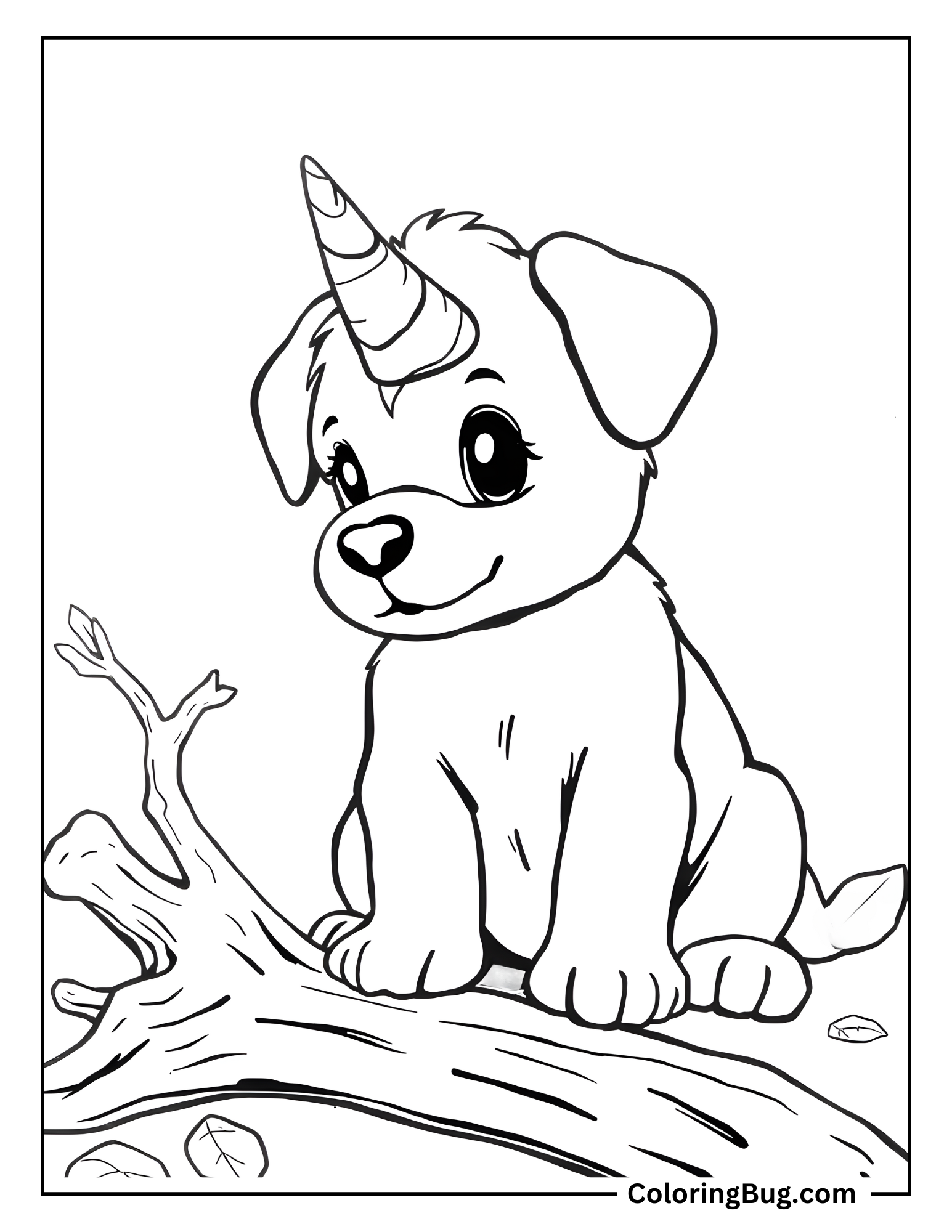 Baby Unicorn Puppy playing With a Fallen Branch Coloring Sheet