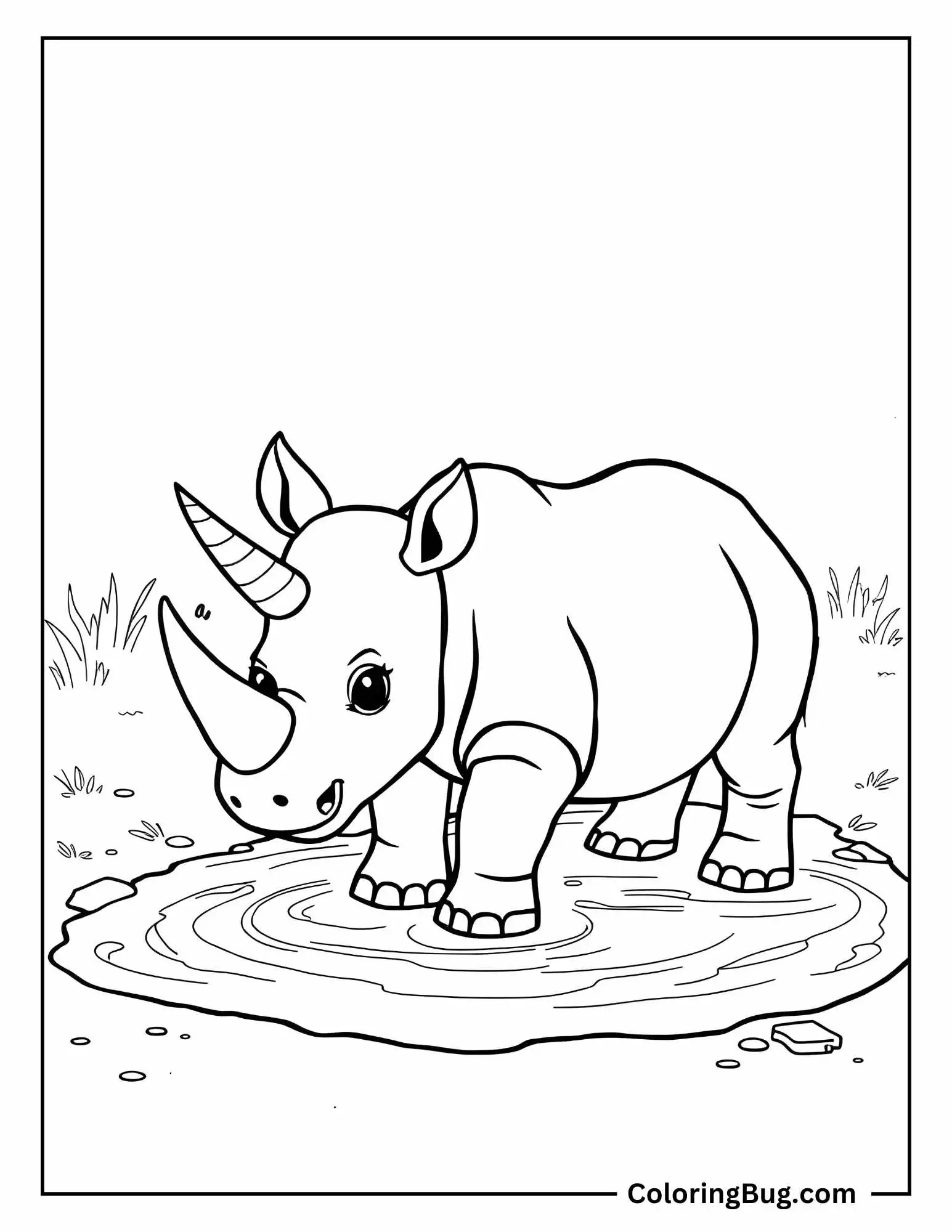 Baby Unicorn Rhino Playing In a Mud Puddle Coloring Sheet