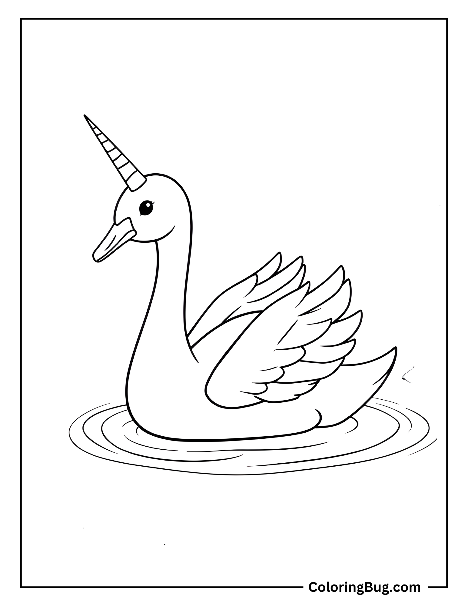 Baby Unicorn Swan Paddling In a Pond Coloring Sheet