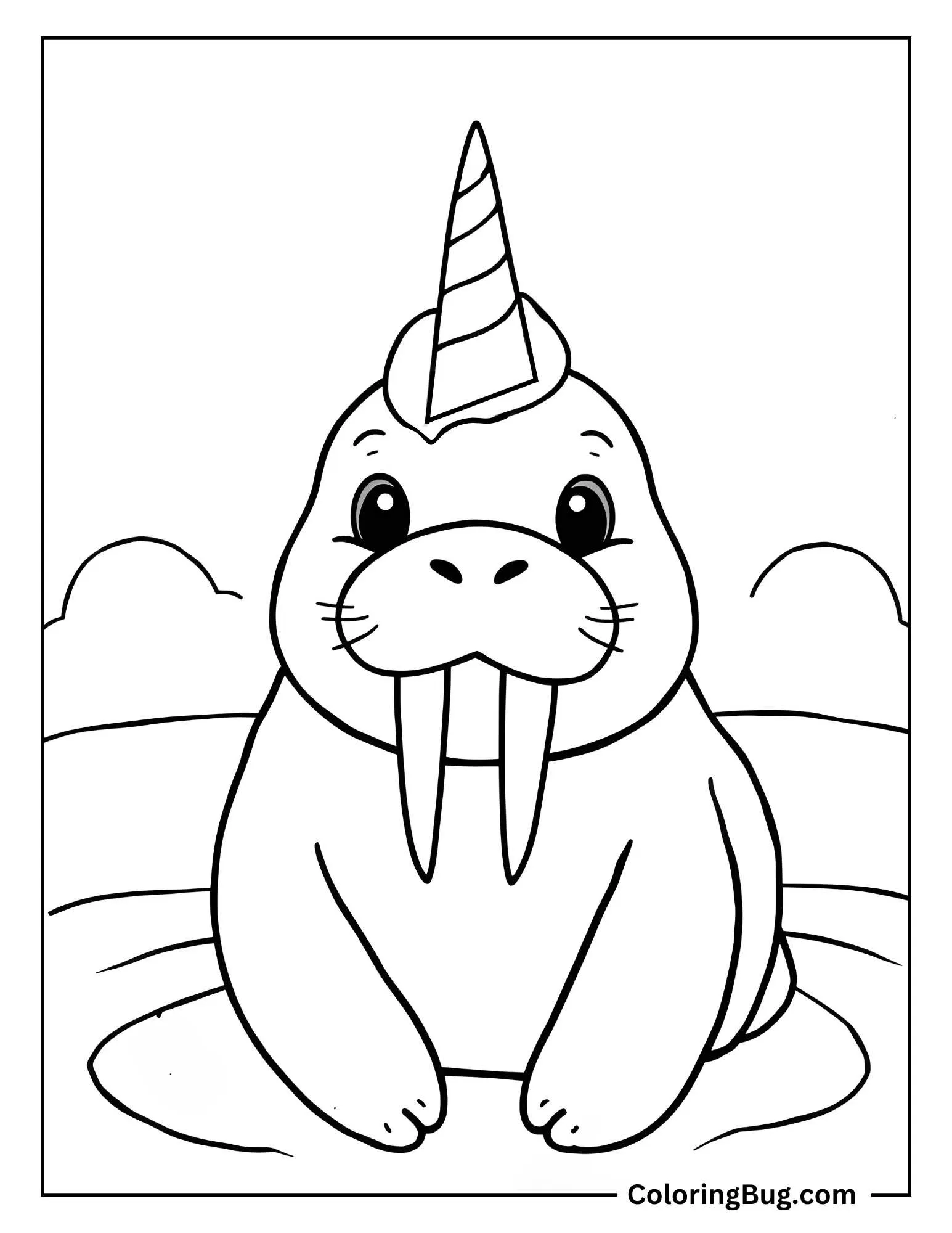 Baby Unicorn Walrus On Beach Coloring Sheet