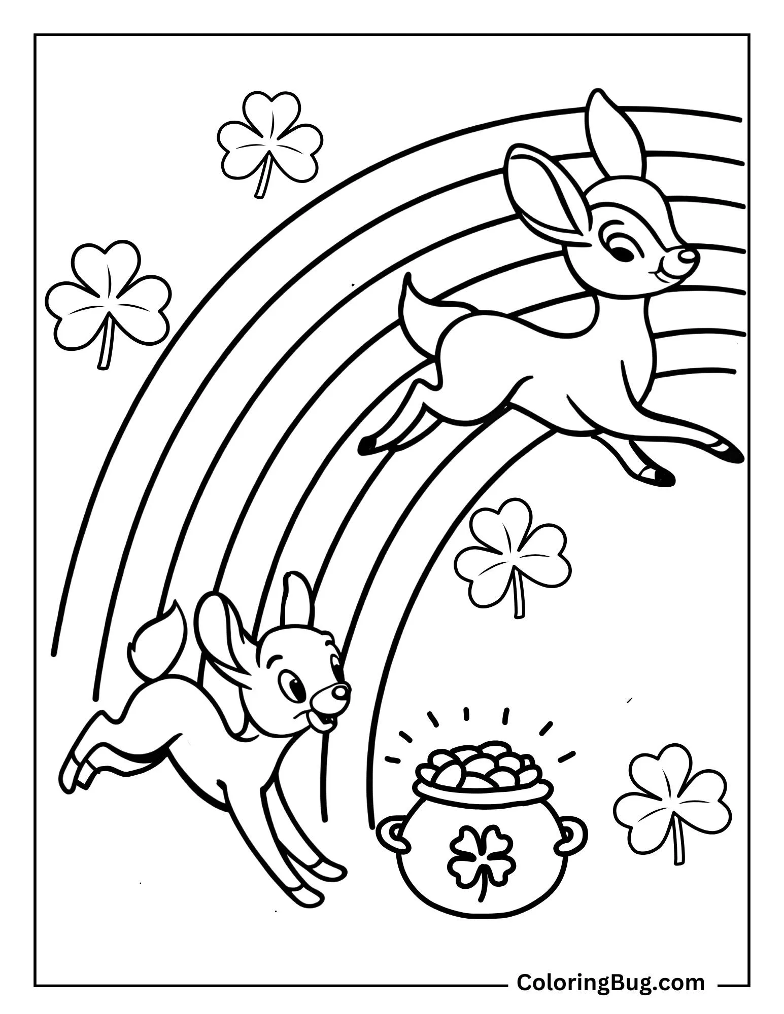 Bambi And Thumper Jumping Through a Rainbow With Shamrocks Coloring Sheet