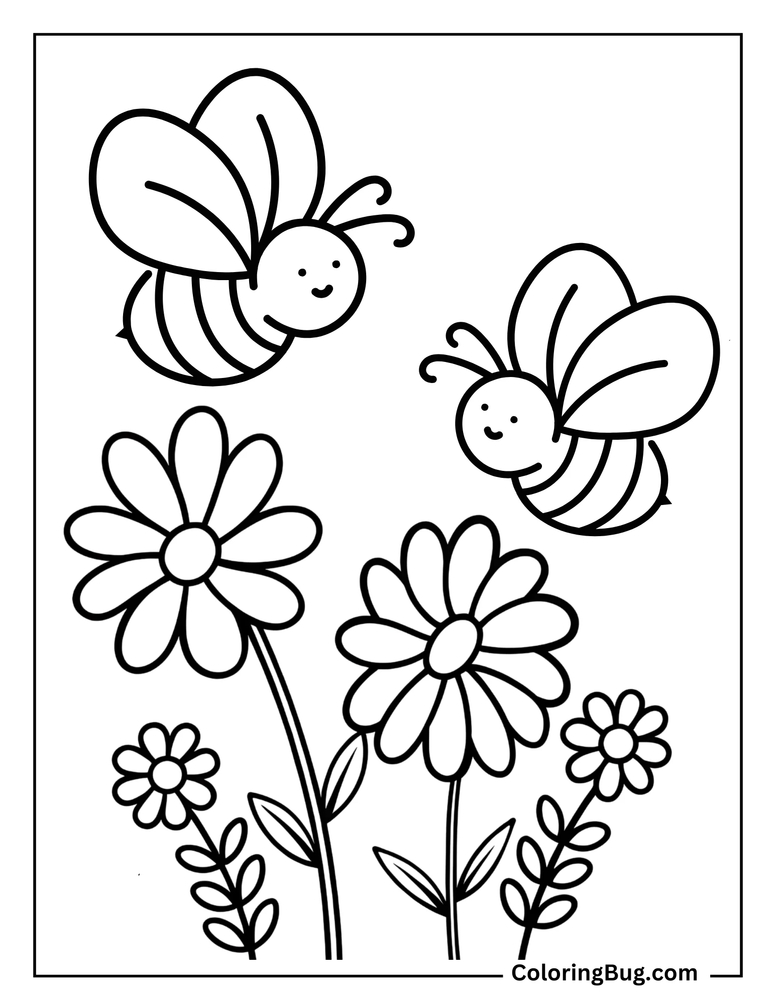 Bee Buzzing Around a Flower Garden Coloring Sheet