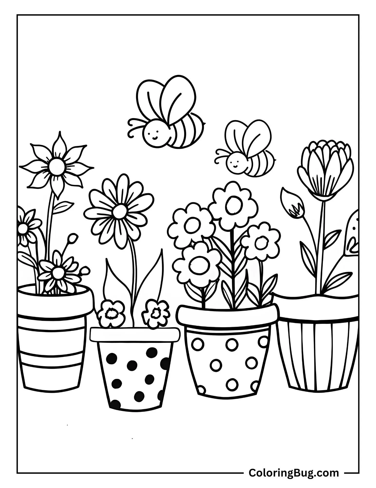 Bee Buzzing on Flowers Pots Coloring Sheet