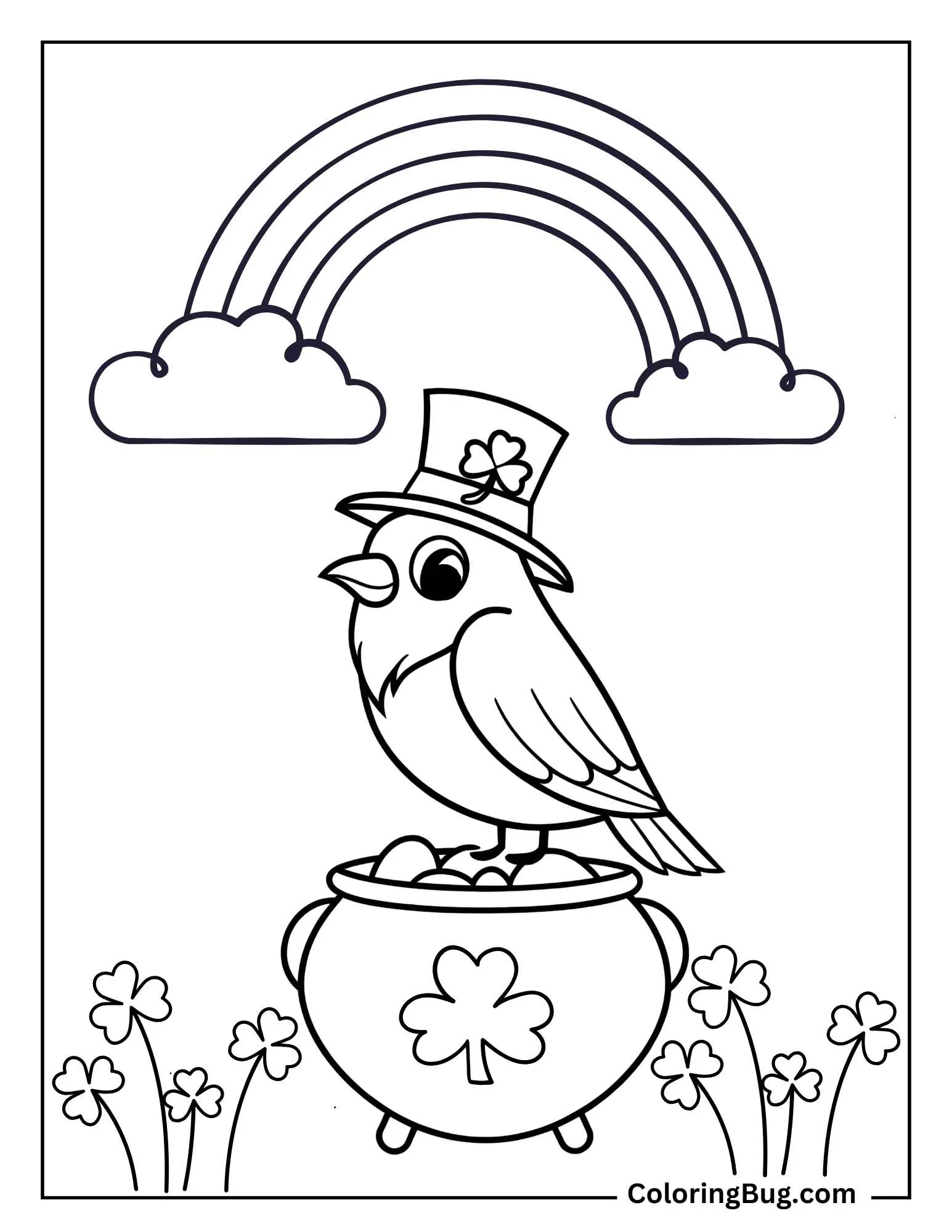 Bird Perched On a Pot Of Gold Coloring Sheet