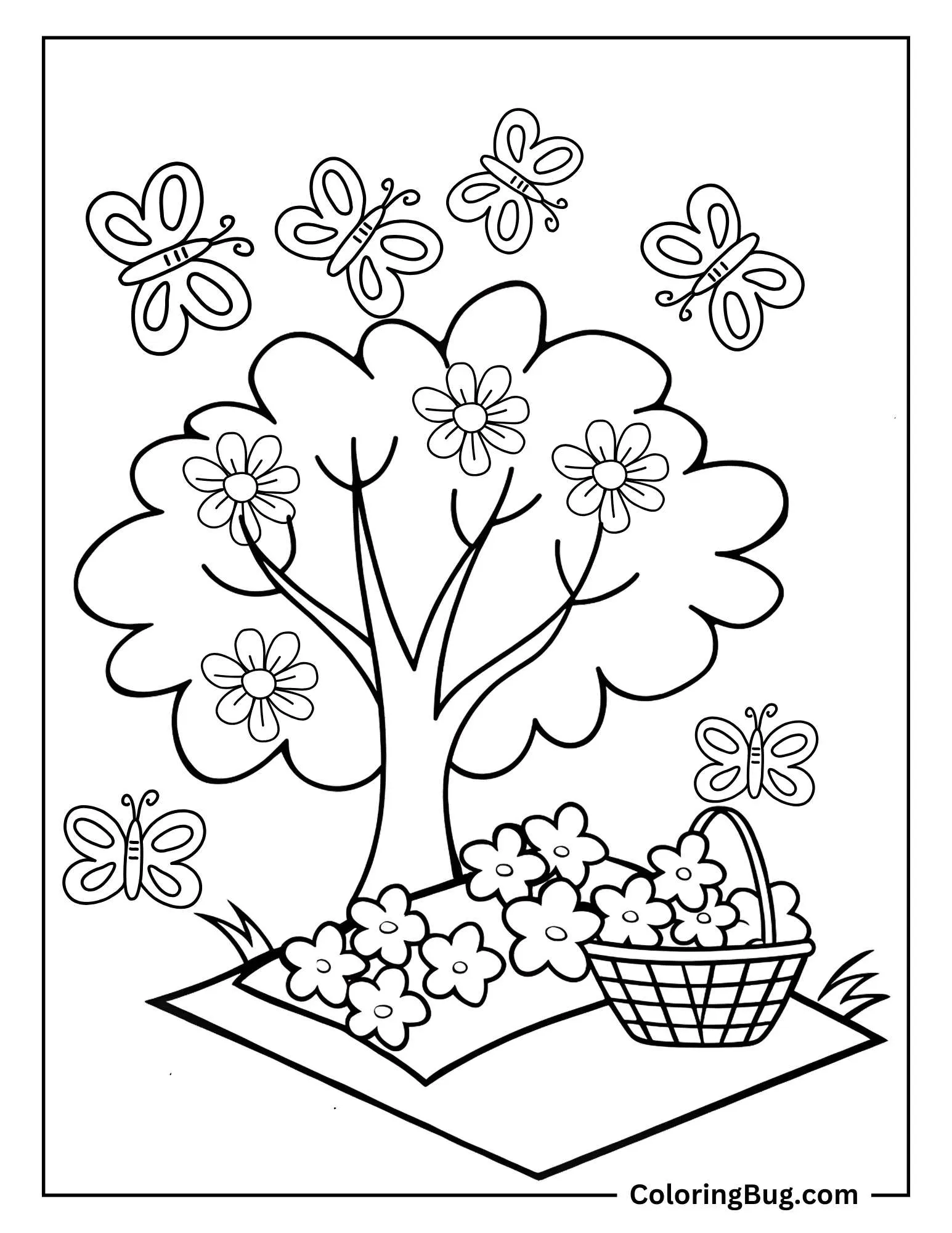 Butterflies Flying Around Flower Tree Coloring sheet