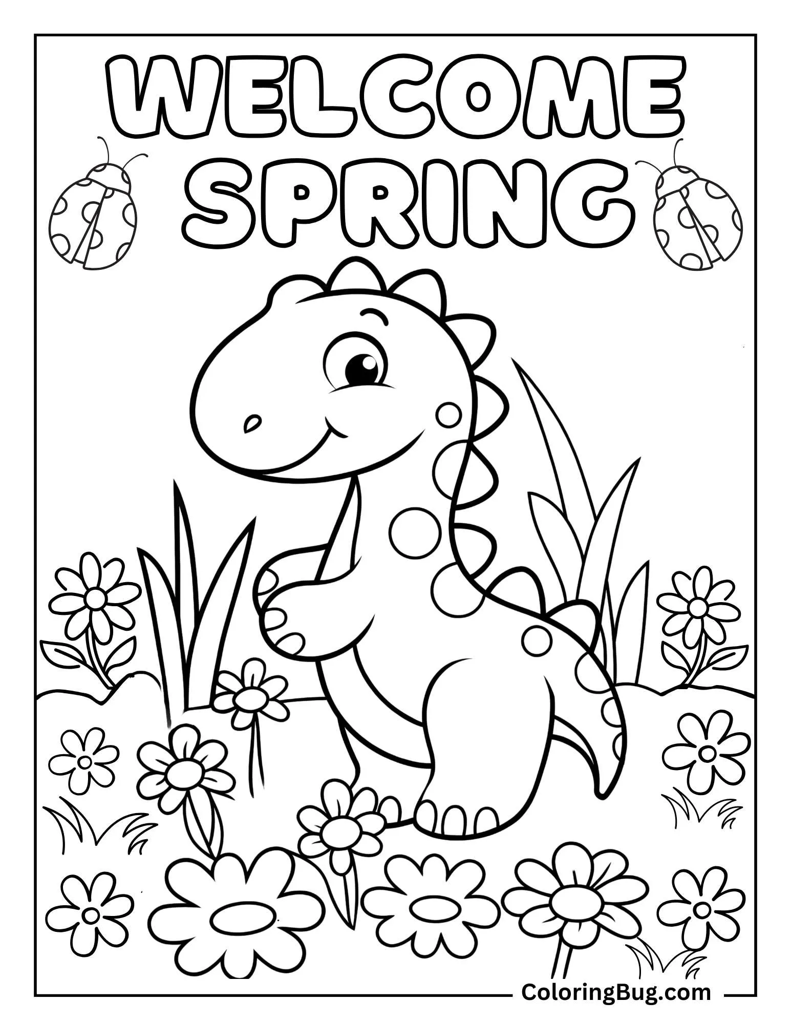 Cartoon Dinosaur Planting Seeds In a Spring Garden With Text Coloring Sheet