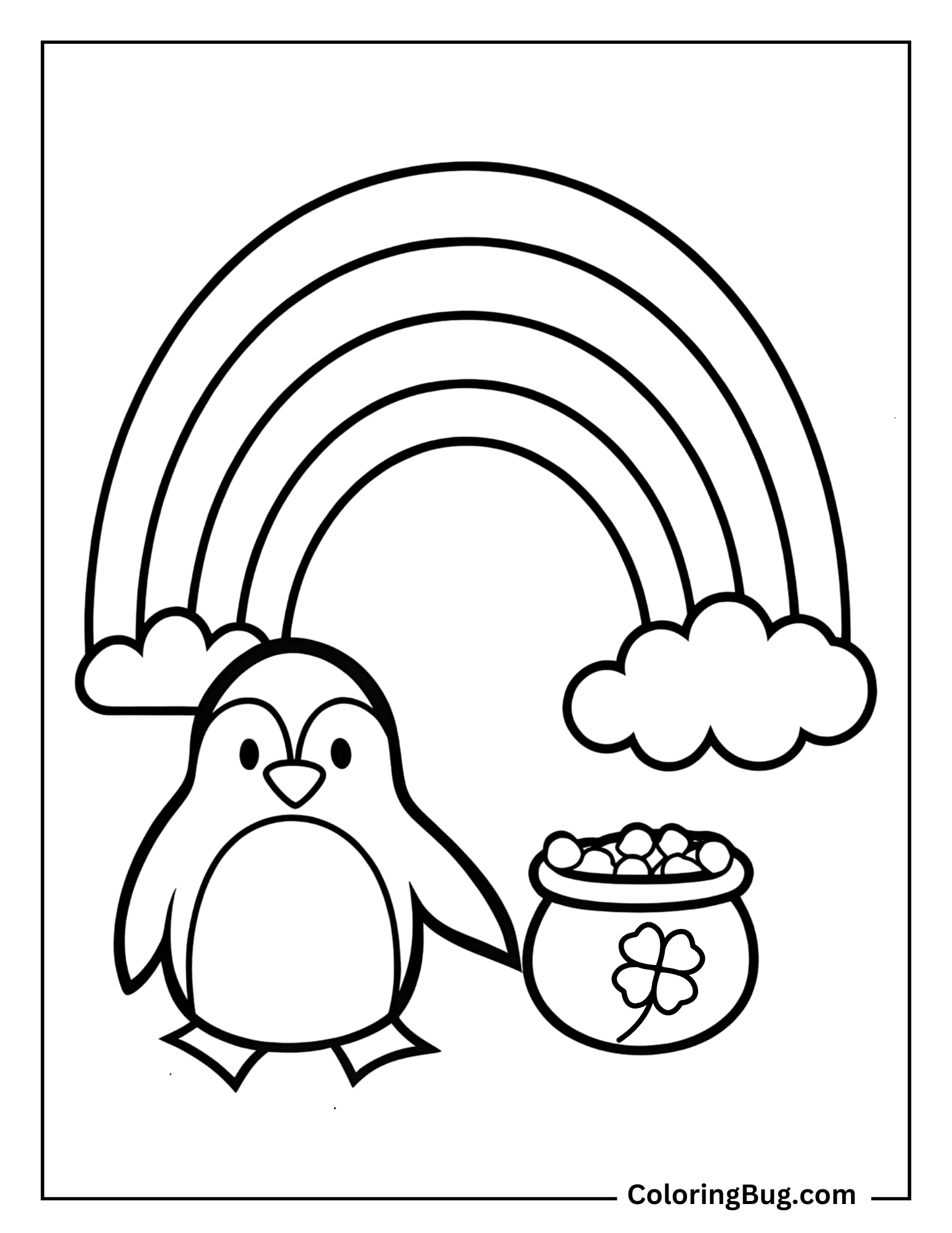 Cartoon Penguin and Pot of Gold Coloring Sheet