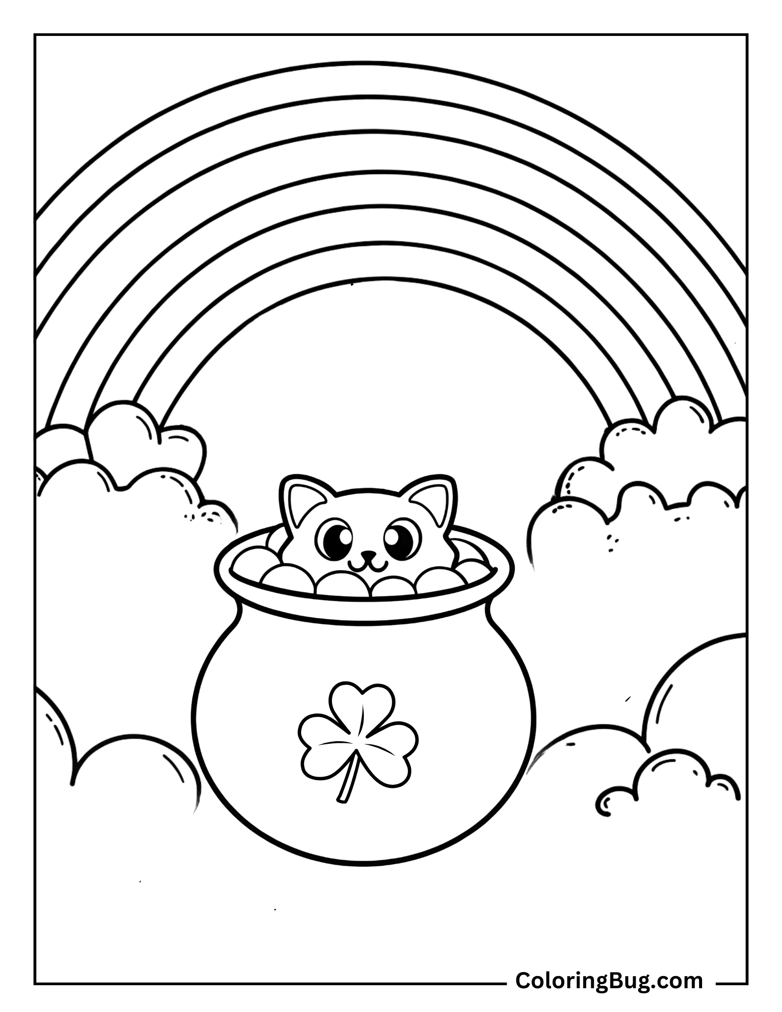 Cat Peeking Out Of a Pot Of Gold Coloring Sheet