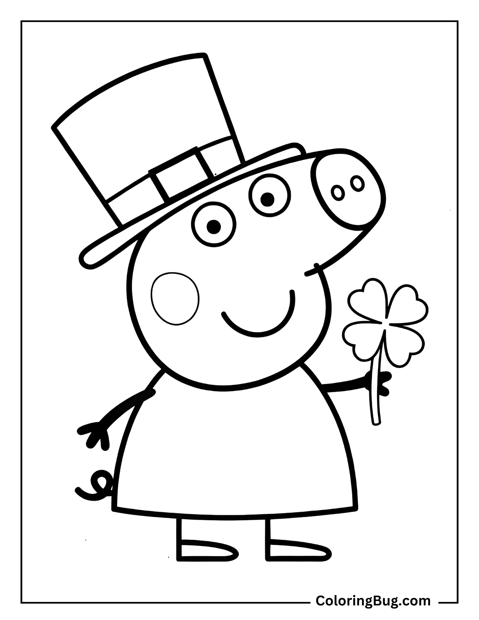 Peppa Pig Wearing a Leprechaun Hat And Holding a Shamrock Coloring Sheet