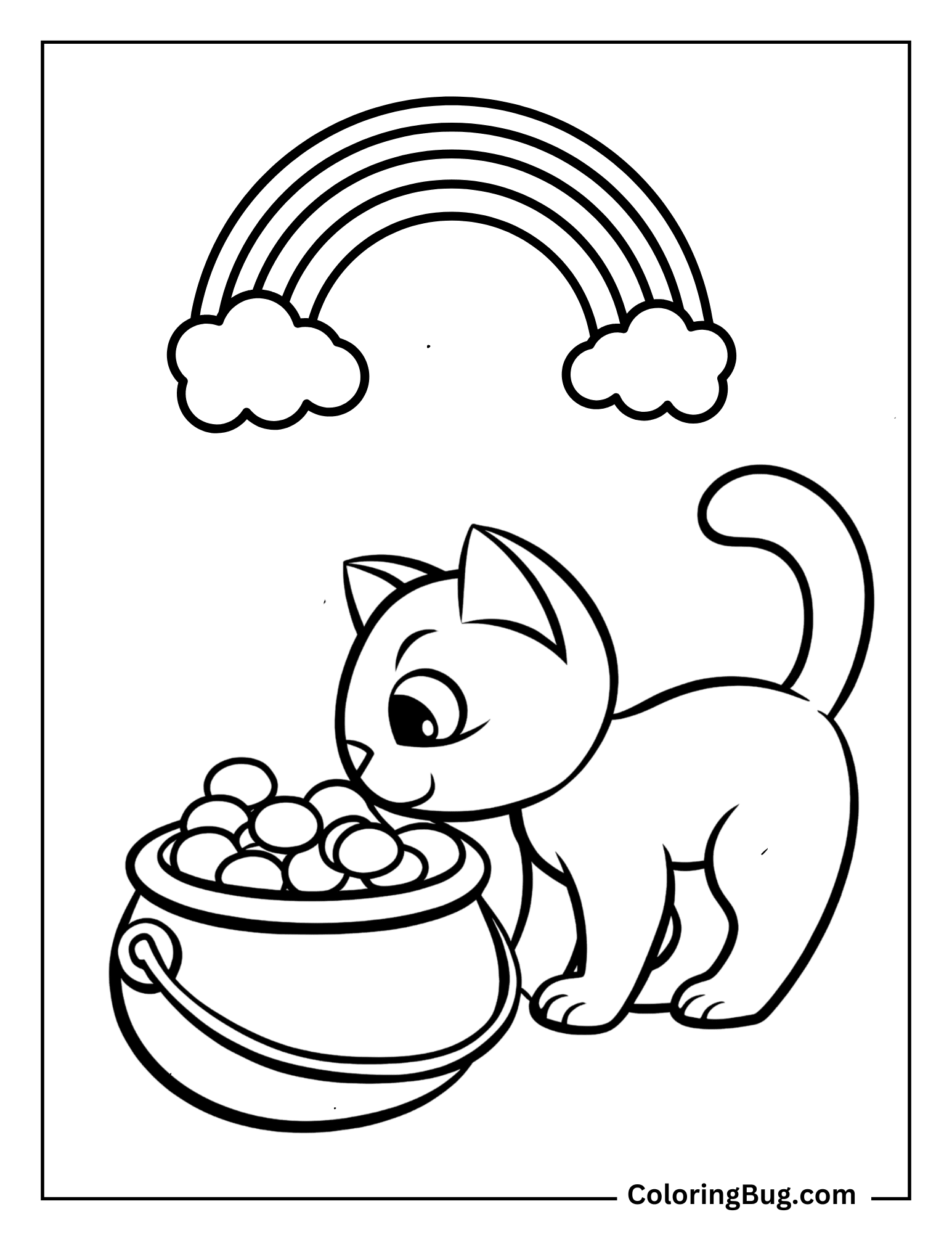 Curious Cat Sniffing a Pot Of Gold Coloring Sheet