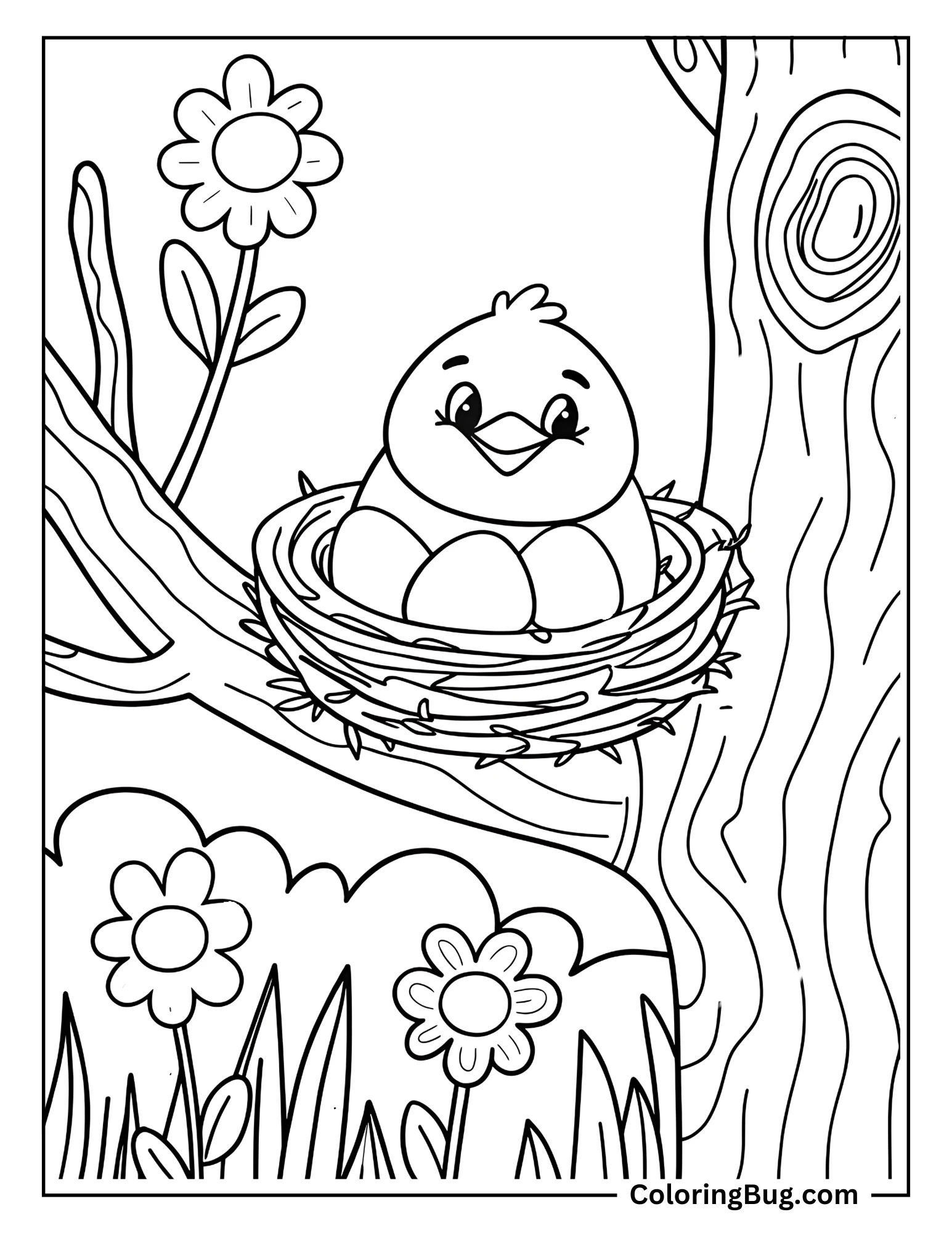 Cute Bird in Nest With Eggs Surrounded By Flowers Coloring Sheet