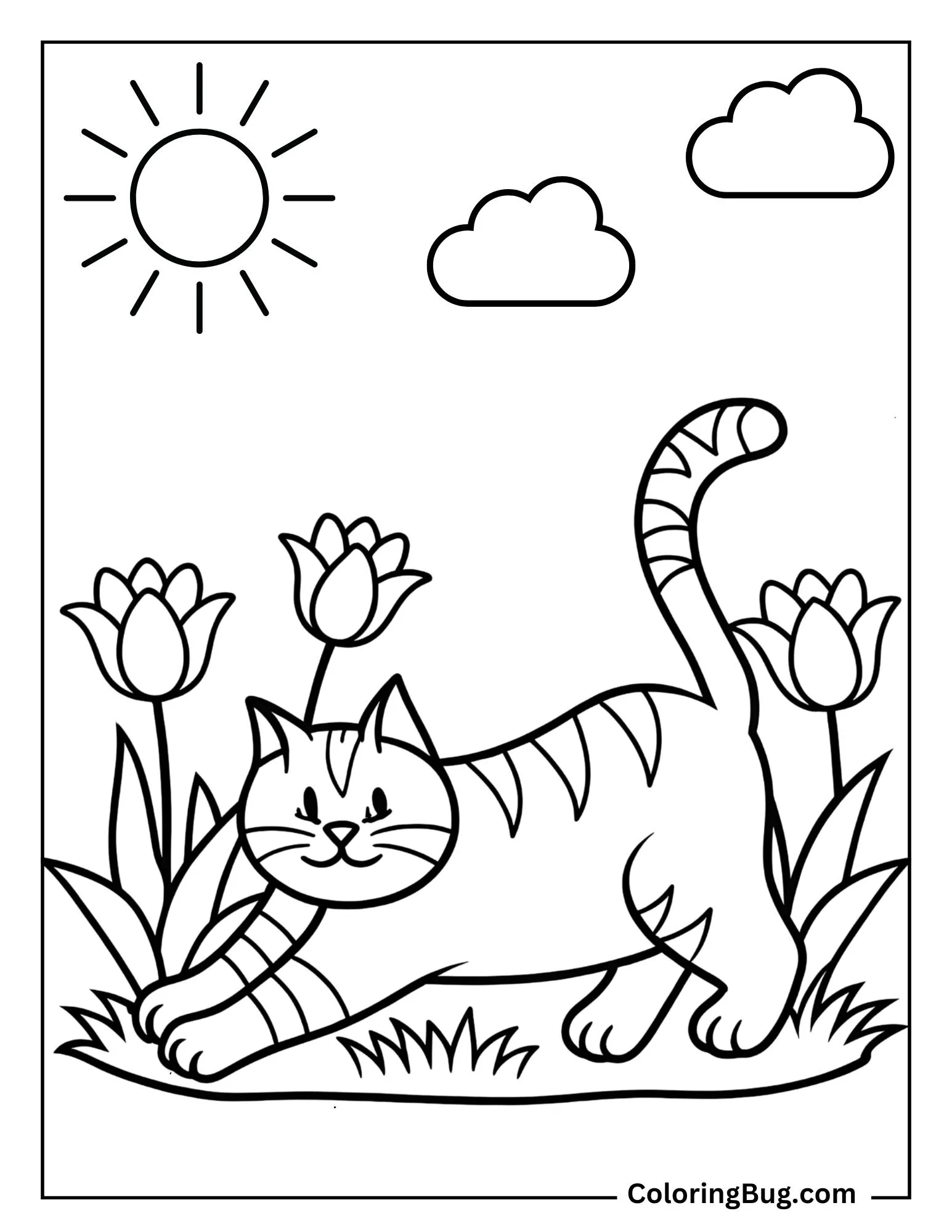 Cute Cat Lounging In a Patch Of Tulips Coloring Sheet
