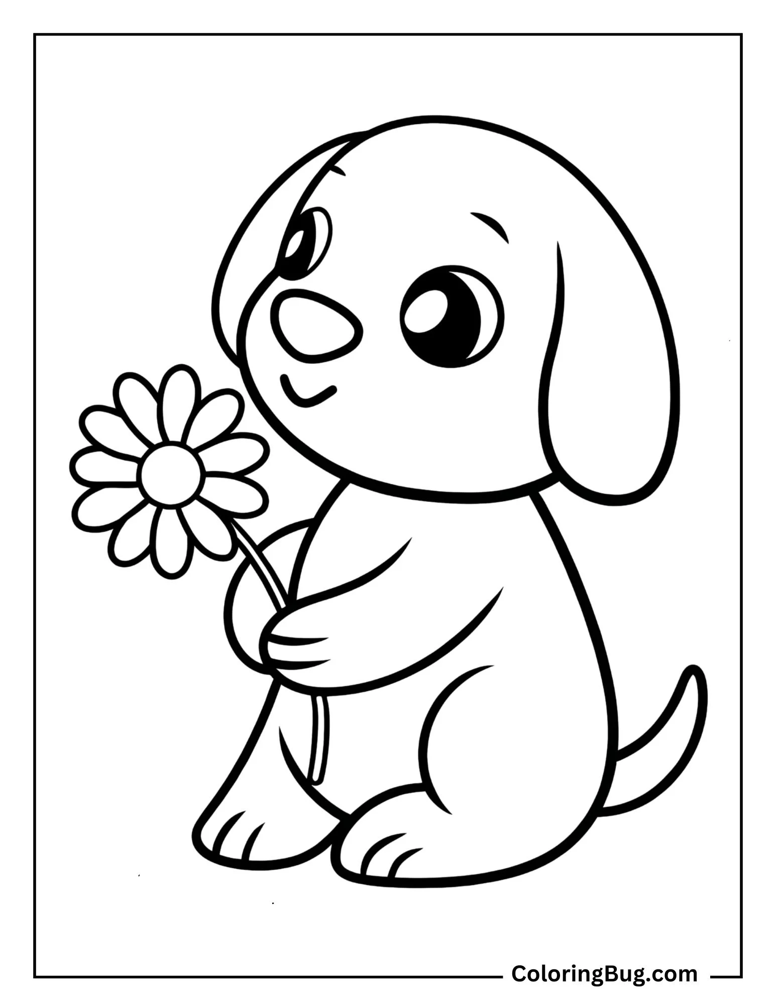 Cute Dog Holding a Daisy Coloring Sheet