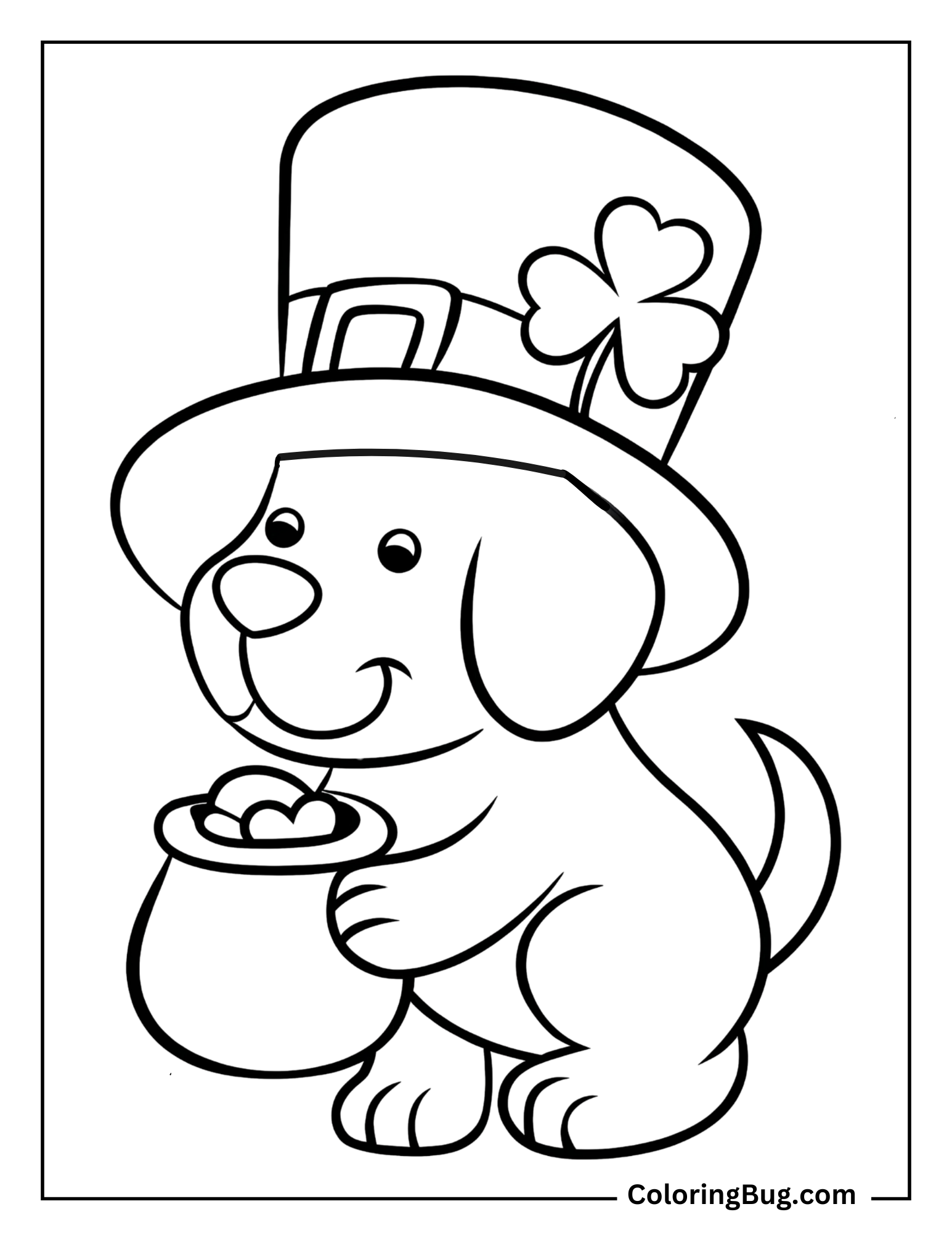 Cute Dog Wearing Shamrock Hat Holding Gold Pot Coloring Sheet