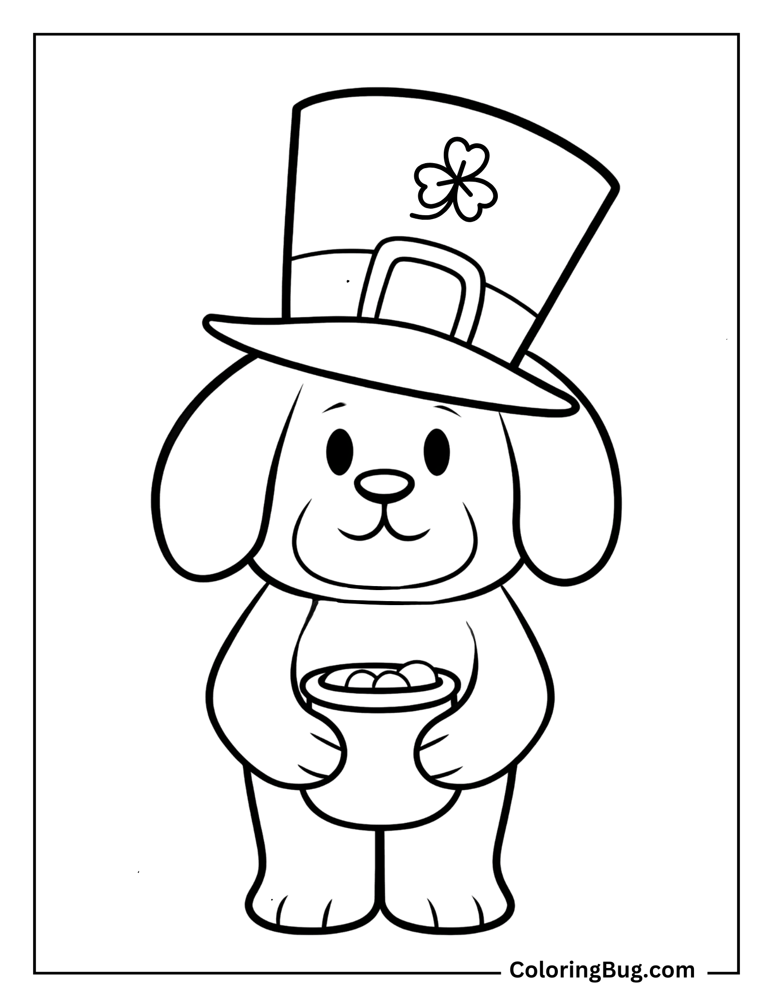 Cute Dog Wearing Shamrock Hat Holding Gold Pot Coloring Sheet