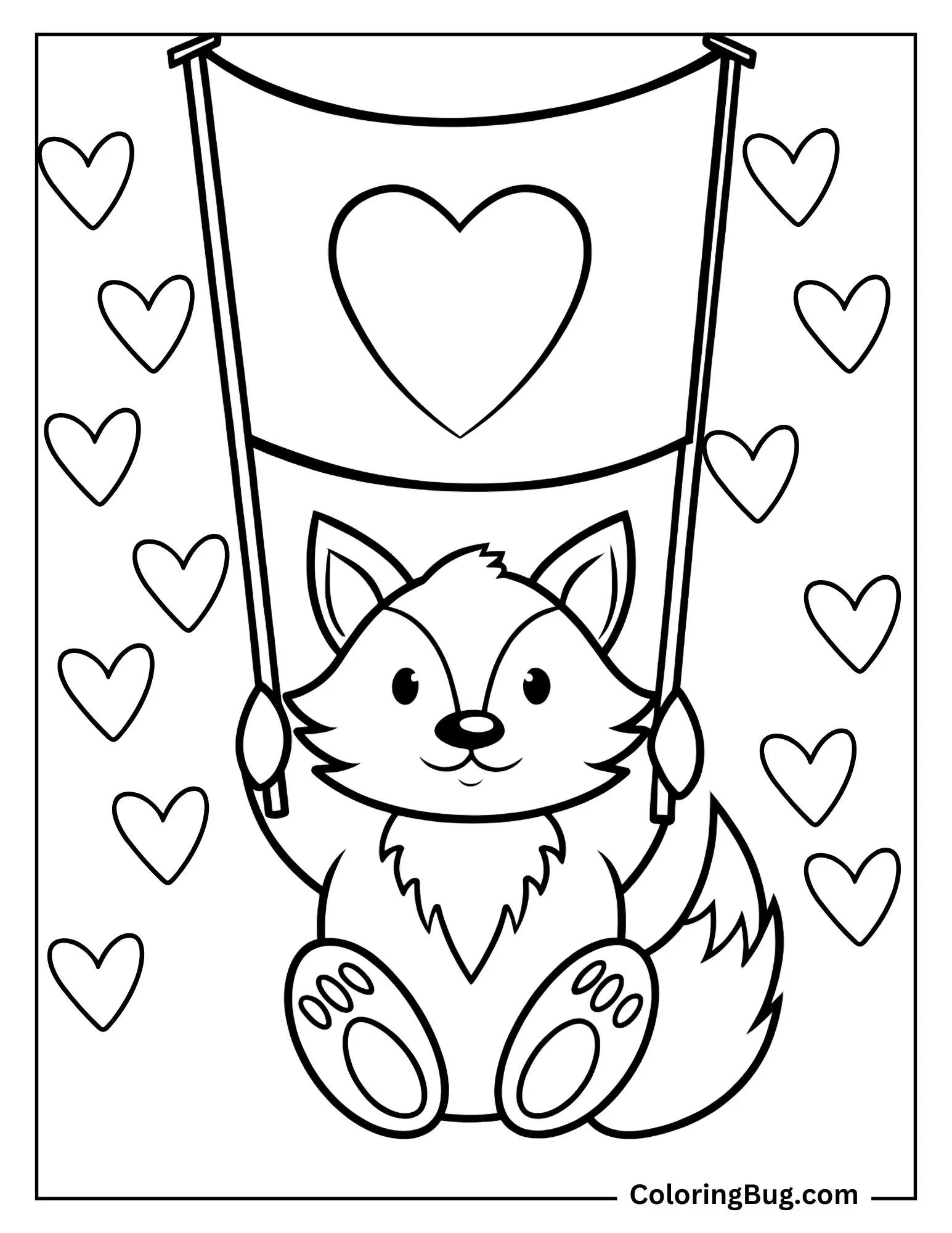 Cute Fox Holding Up A Love Heart Banner Coloring Sheet