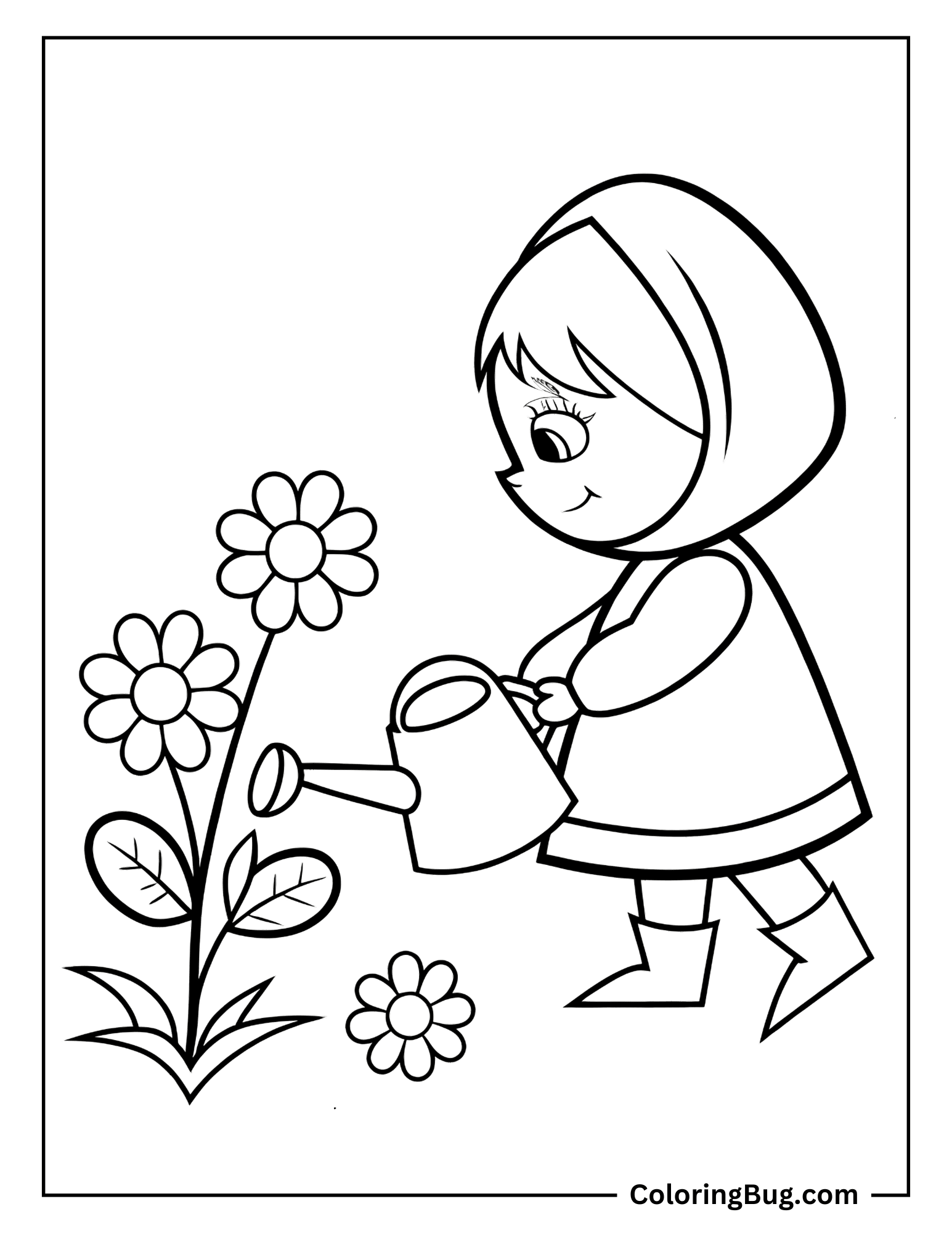 Cute Girl Watering Flower Plant Coloring Sheet