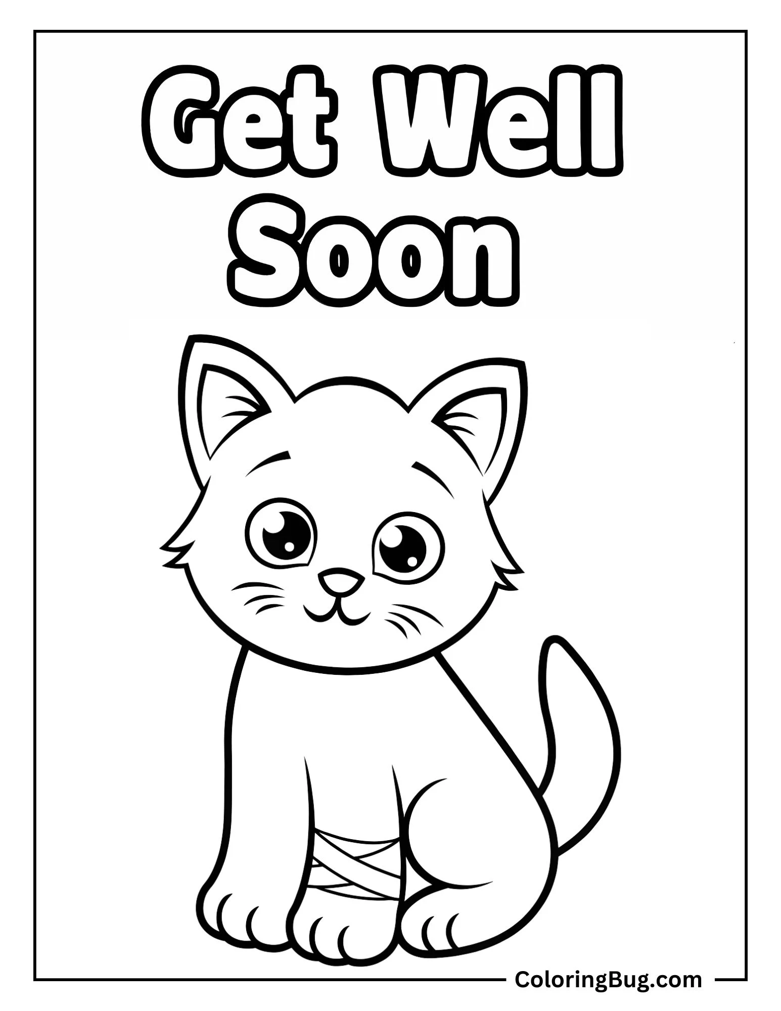Cute Kitten With a Band Aid On Its Paw With Get Well Soon Text Coloring Sheet