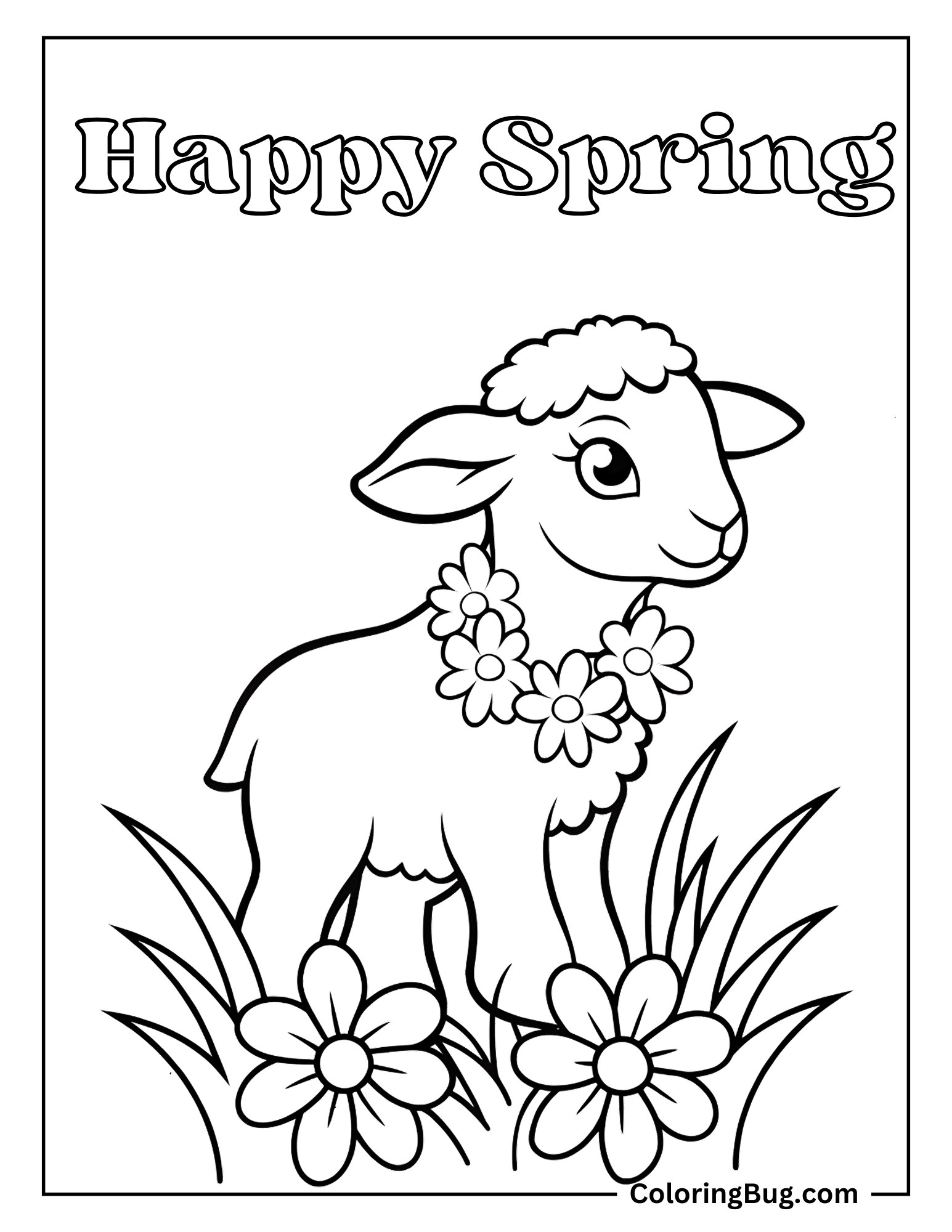 Cute Lamb Wearing Flowers Necklace Coloring Sheet