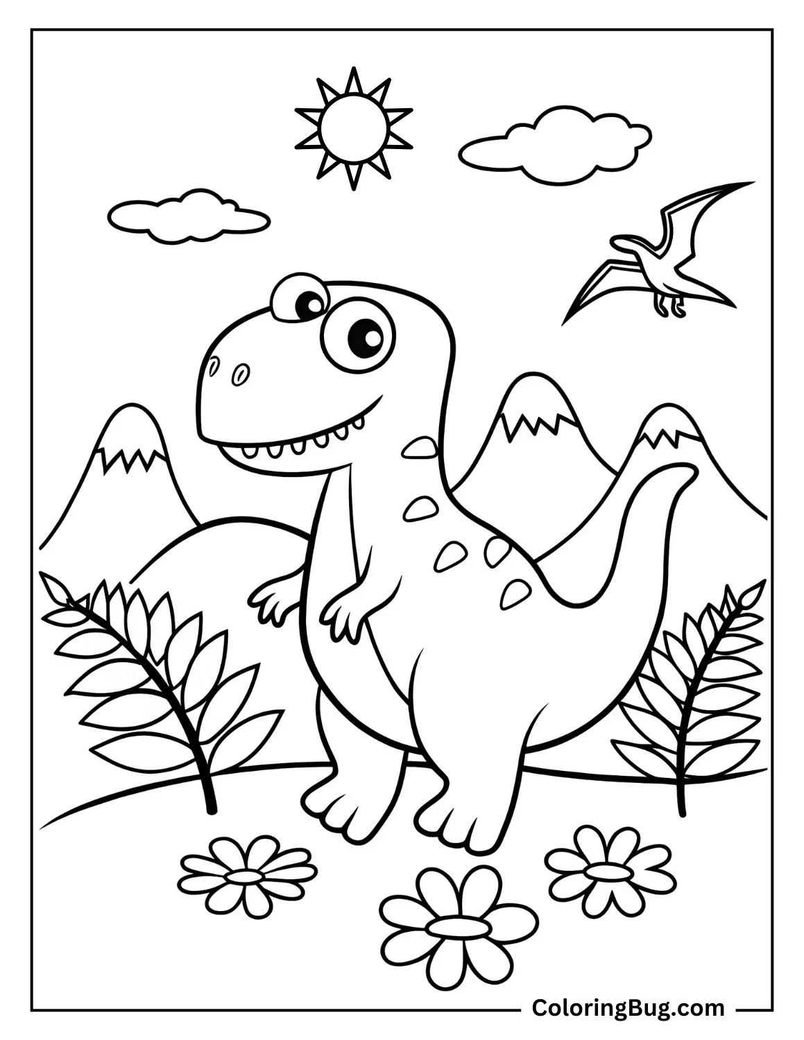 Cute whimsical T-Rex with mountains in the background coloring sheet
