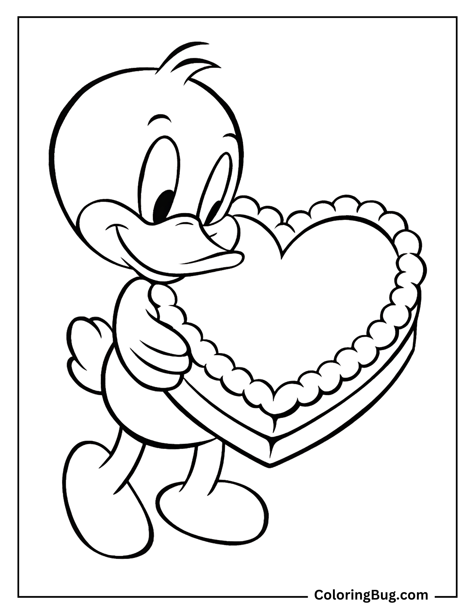 Daffy Duck Holding Valentine's Day Cake Coloring Sheet