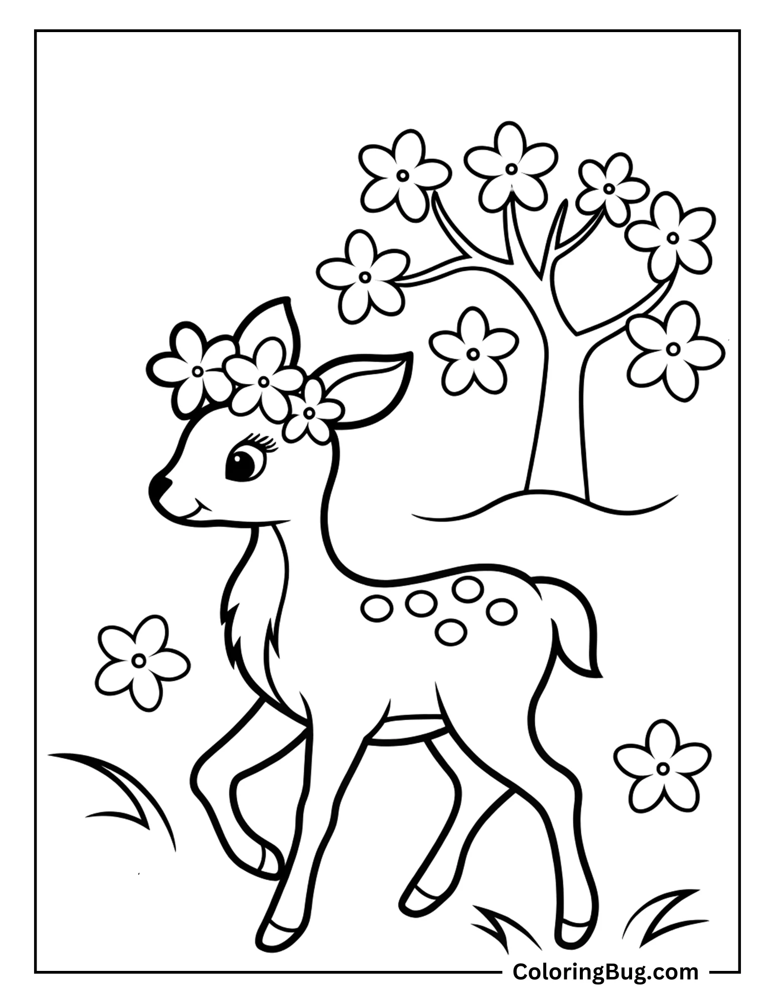 Deer Walking Through Spring Meadow Coloring Sheet