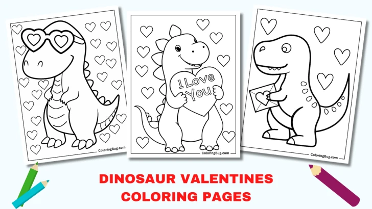 20 Dinosaur Valentines Coloring Pages  (Free Printable PDFs)