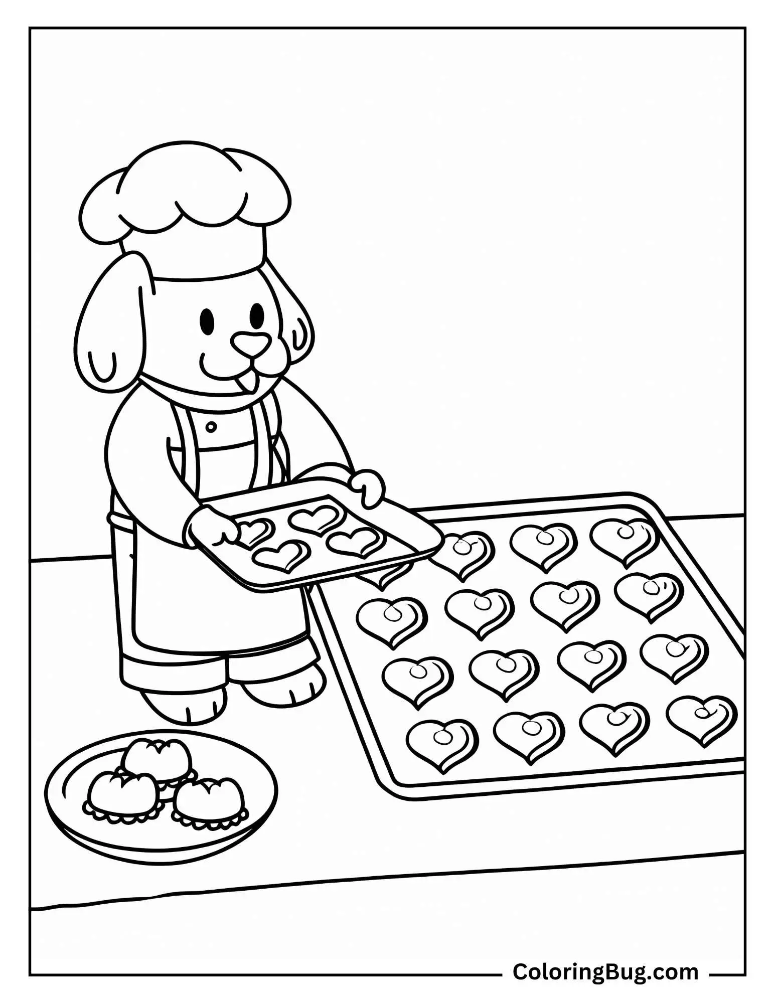 Dog Baking Valentine's Day Cookie Coloring Sheet