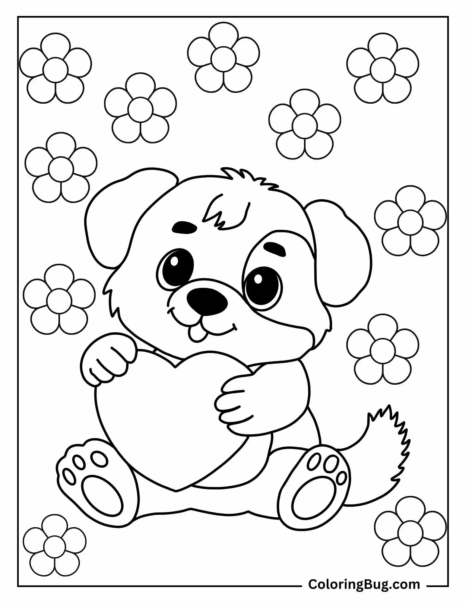Dog Holding Heart Surrounded By Flowers Coloring Sheet